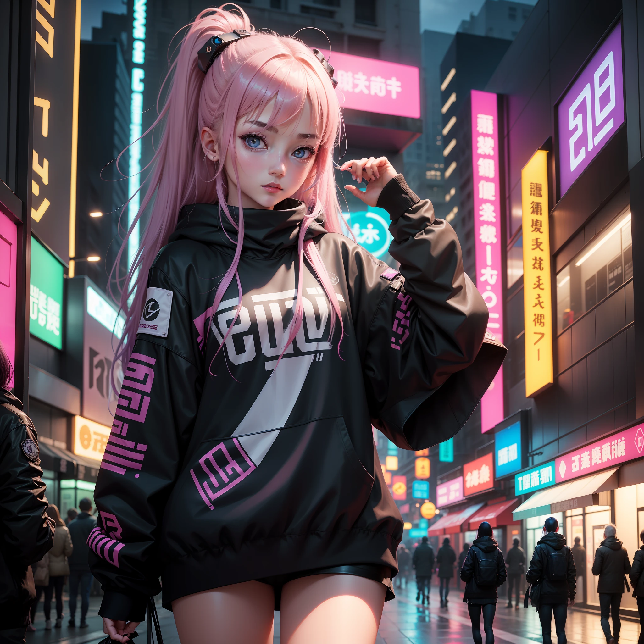 （cyber punk perssonage：1.4），（真实感：1.4），（best qualtiy：1.0），（超高分辨率：1.0），8k，RAW photos，（tmasterpiece：0.2），ultra - detailed，1girl，paleskin，Delicate skin，looking at viewert，pillow head，Have on the street，The streets are full of neon lights