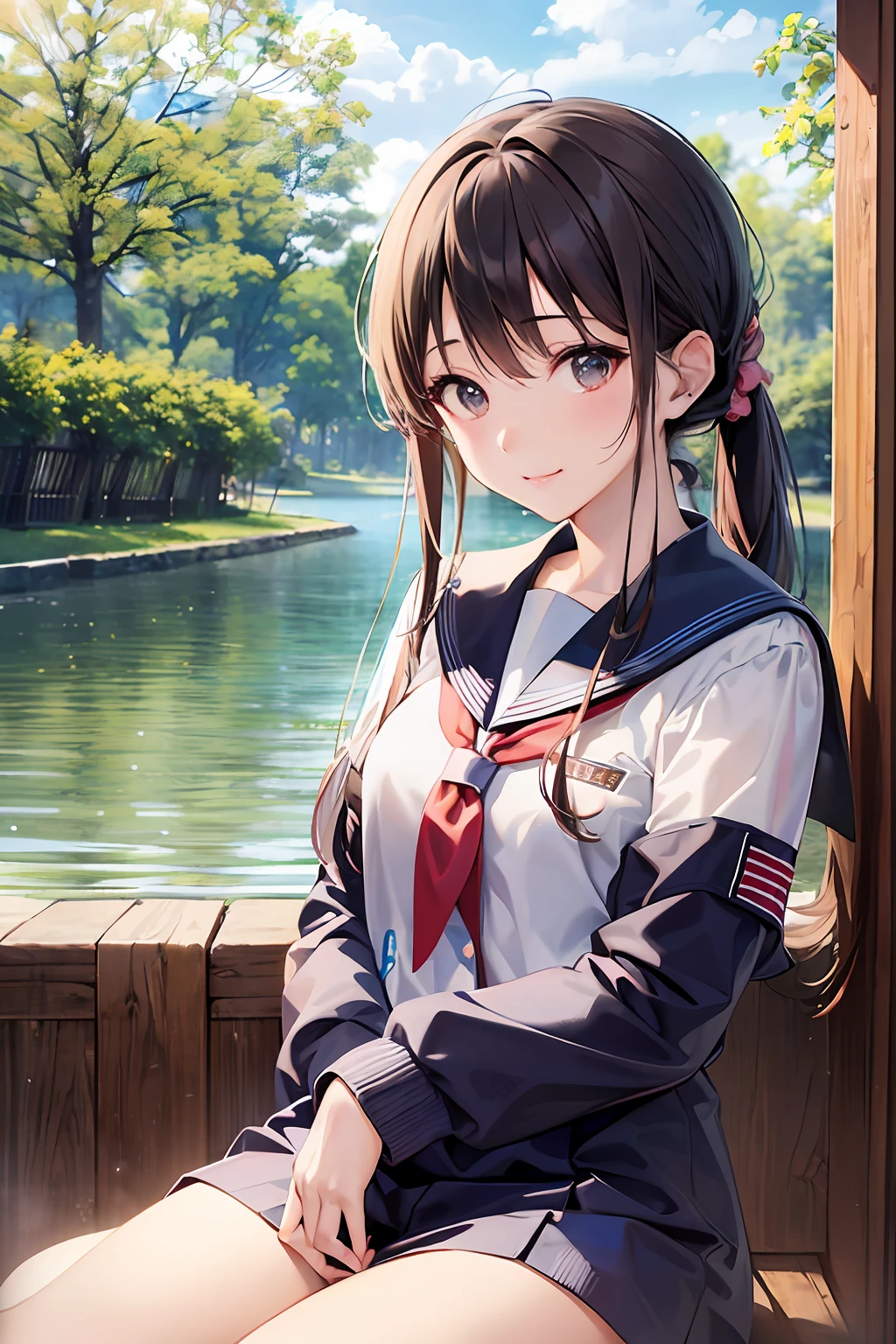 top-quality、超A high resolution、(photoRealstic:1.4)、red blush、cute little、(详细的脸)、poneyTail、Light smile、Looking at the camera、The upper part of the body、((dark blue sailor suit uniform))、Sunnyday、a river、(cherry trees)、blue-sky、Double peace、