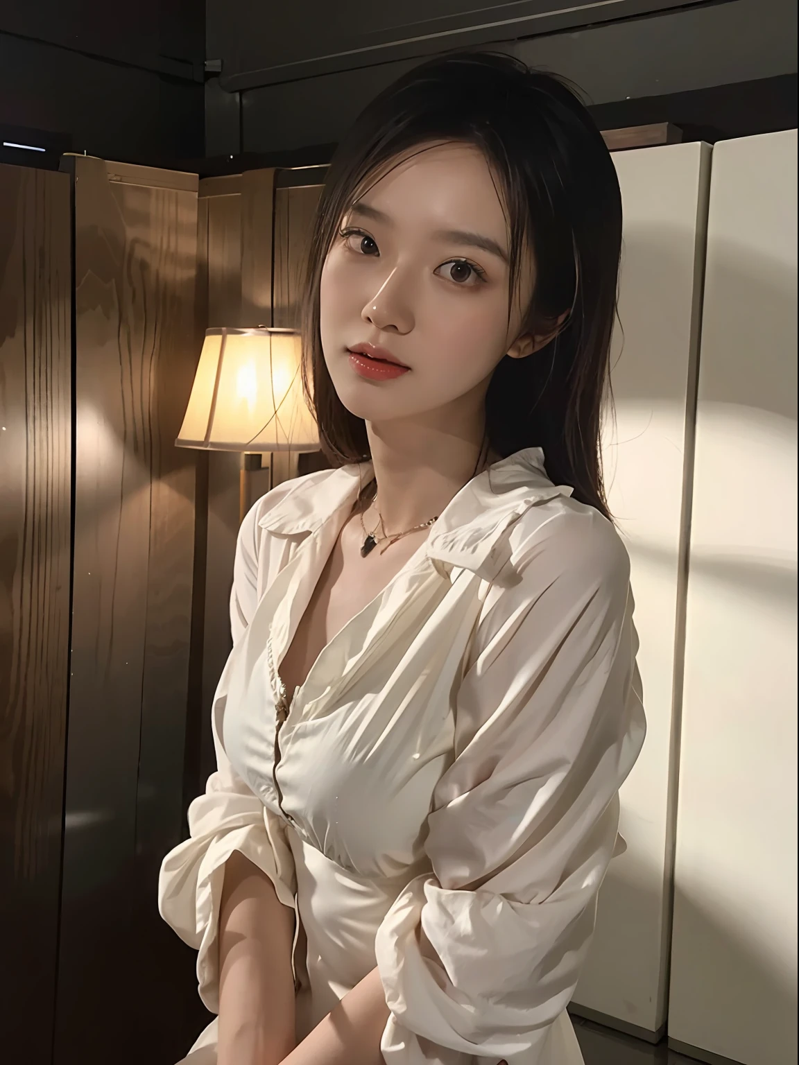 Asian woman in brown dress standing in darkness, digital art inspired by Ai Xuan, Tumblr, Digital art, Mysterious woman, a still of an ethereal, Night, pale robe, during night, portrait of female humanoid,full bodyesbian