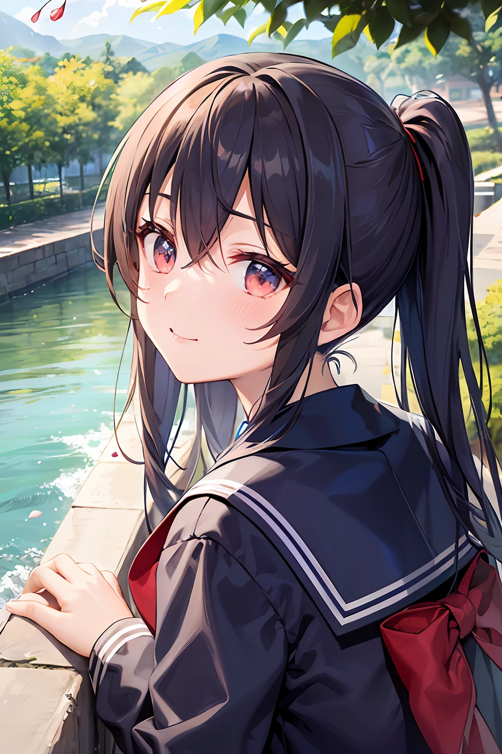 red blush、cute little、(详细的脸)、poneyTail、Light smile、Looking at the camera、The upper part of the body、((dark blue sailor suit uniform))、Sunnyday、a river、(cherry trees)、blue-sky、Around the eyesVsignature、