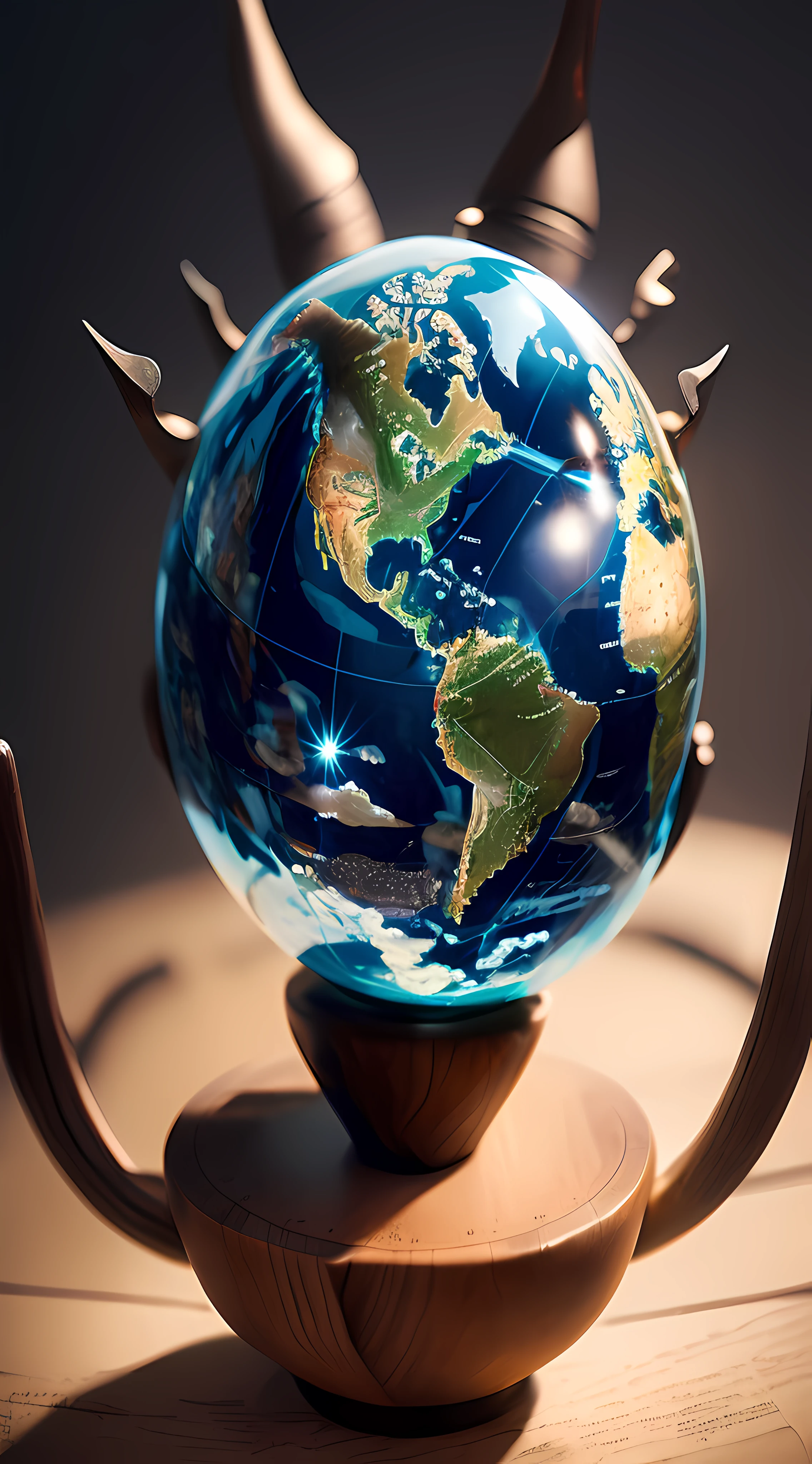 There is a small globe with horns on a wooden support, globo terrestre no topo, Described as a 3D rendering, globo obsidiano, dentro de um globo, o mundo, globo grande, renderizado em cinema4d, renderizado em cinema 4 d, Directed by: Kurt Roesch, creation of the world, Directed by: Jakob Gauermann, Directed by: Jason Felix, globo medieval