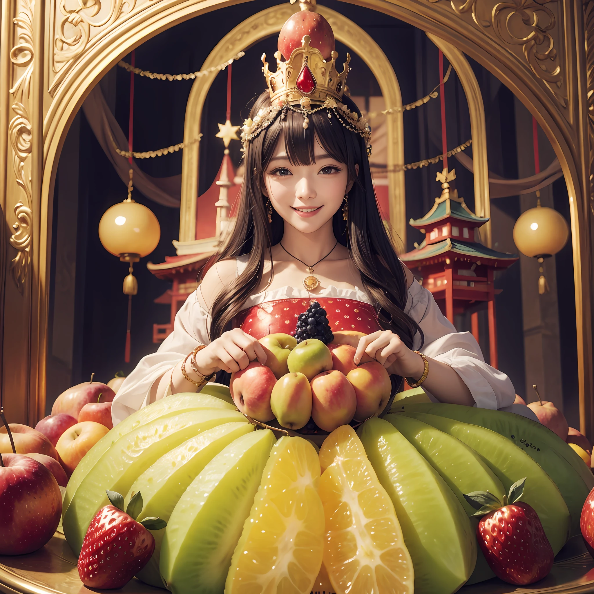 ​masterpiece、top-quality、realisitic、Photorealsitic、Fruit-themed kingdom、Fruit-themed castle、Princess in fruit-themed dress、A Japanese Lady、Fruit Accessories、Fruit Jewelry、Surrounded by a lot of fruits、Mixed Fruit Tower、Bright décor、A smile、dynamic ungle、动态照明