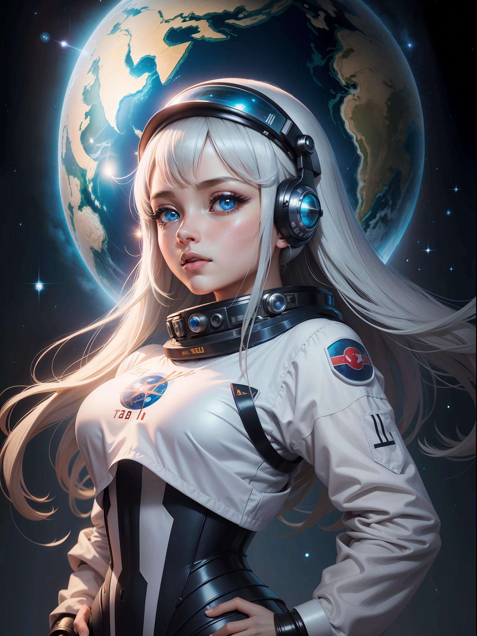 Uma garota de anime com olhos brilhantes e detalhados utilizando um traje espacial,soviet,modelo poster, cabelos azuis, in the poster space, super detlado roupa de astronauta capacete de astronauta, imagem de perfil: icon, poster de procurado