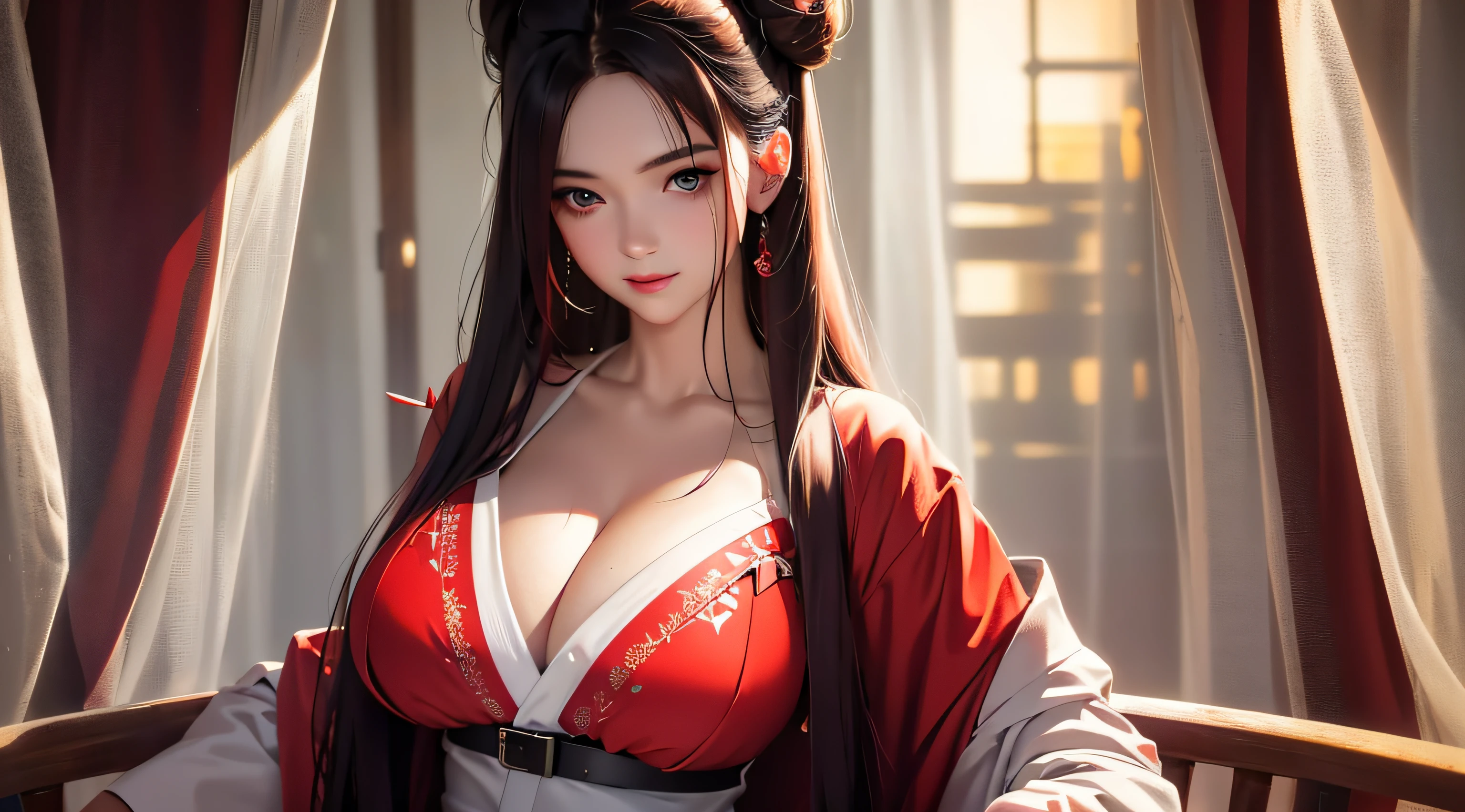 （best qualtiy：1.1），（tmasterpiece：1.2），sportrait，1girl，yuzuriha_（jigokuraku），Purple colored hair，with brown eye，ninjartist，Open clothes，cleavage，huge tit，hair-bun，Medium hair，Separate the breasts，White belt，pervert smirk, exteriors, (Be red in the face:1.1), florals, Pure_Innocent_girl, pureerosface_v1, (closeup of face), pov, (((depth of fields))), Pale and Lustrous Skin,