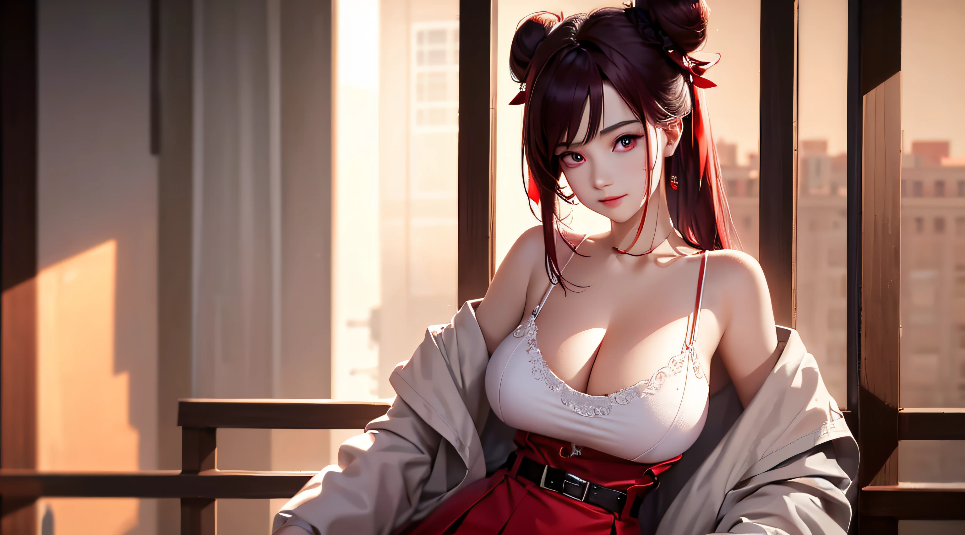 （best qualtiy：1.1），（tmasterpiece：1.2），sportrait，1girl，yuzuriha_（jigokuraku），Purple colored hair，with brown eye，ninjartist，，，huge ，hair-bun，Medium hair，Separate the ，White belt，pervert smirk, exteriors, (Be red in the face:1.1), florals, Pure_Innocent_girl, pureerosface_v1, (closeup of face), pov, (((depth of fields))), Pale and Lustrous Skin,