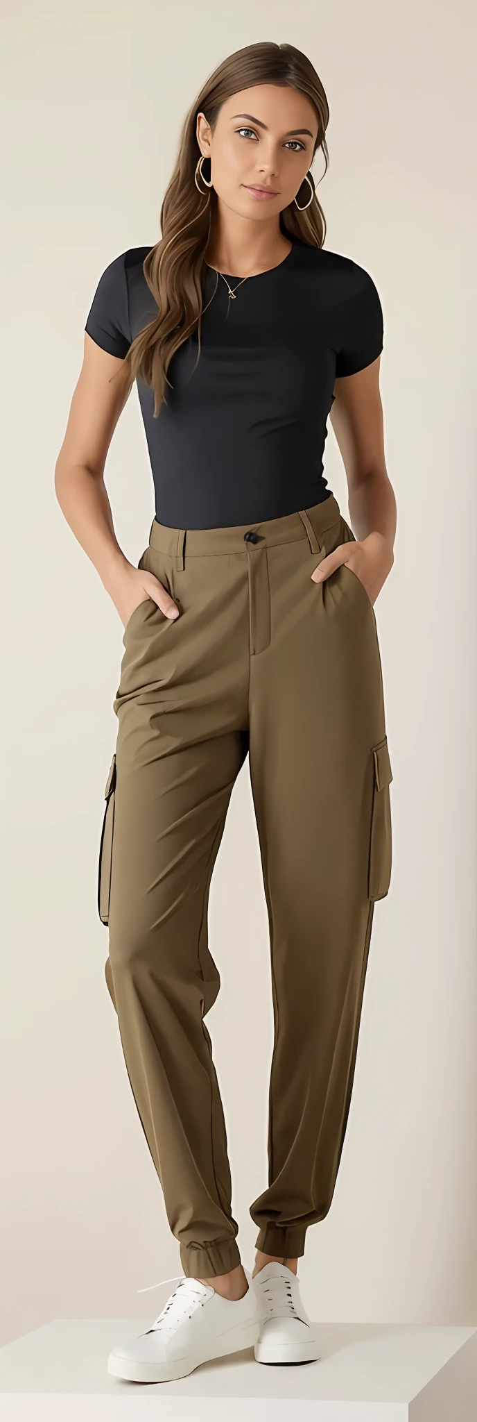 A beautiful woman in a black top and brown pants posing for a photo, brown pants, low-waisted sweatpants, baggy pants, Pants, cargo pants, com dois bolsos frontais, Khakis, so shorts, Olive green pants, with his hands in his pockets, wearing pants, Hands in pockets, Comfortable, toupeira, large pants, tiro do meio cintura para cima, roupas marrons, Directed by: Lee Jeffreis