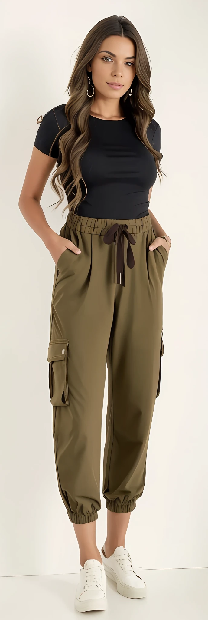 A beautiful woman in a black top and brown pants posing for a photo, brown pants, low-waisted sweatpants, baggy pants, Pants, cargo pants, com dois bolsos frontais, Khakis, so shorts, Olive green pants, with his hands in his pockets, wearing pants, Hands in pockets, Comfortable, toupeira, large pants, tiro do meio cintura para cima, roupas marrons, Directed by: Lee Jeffreis