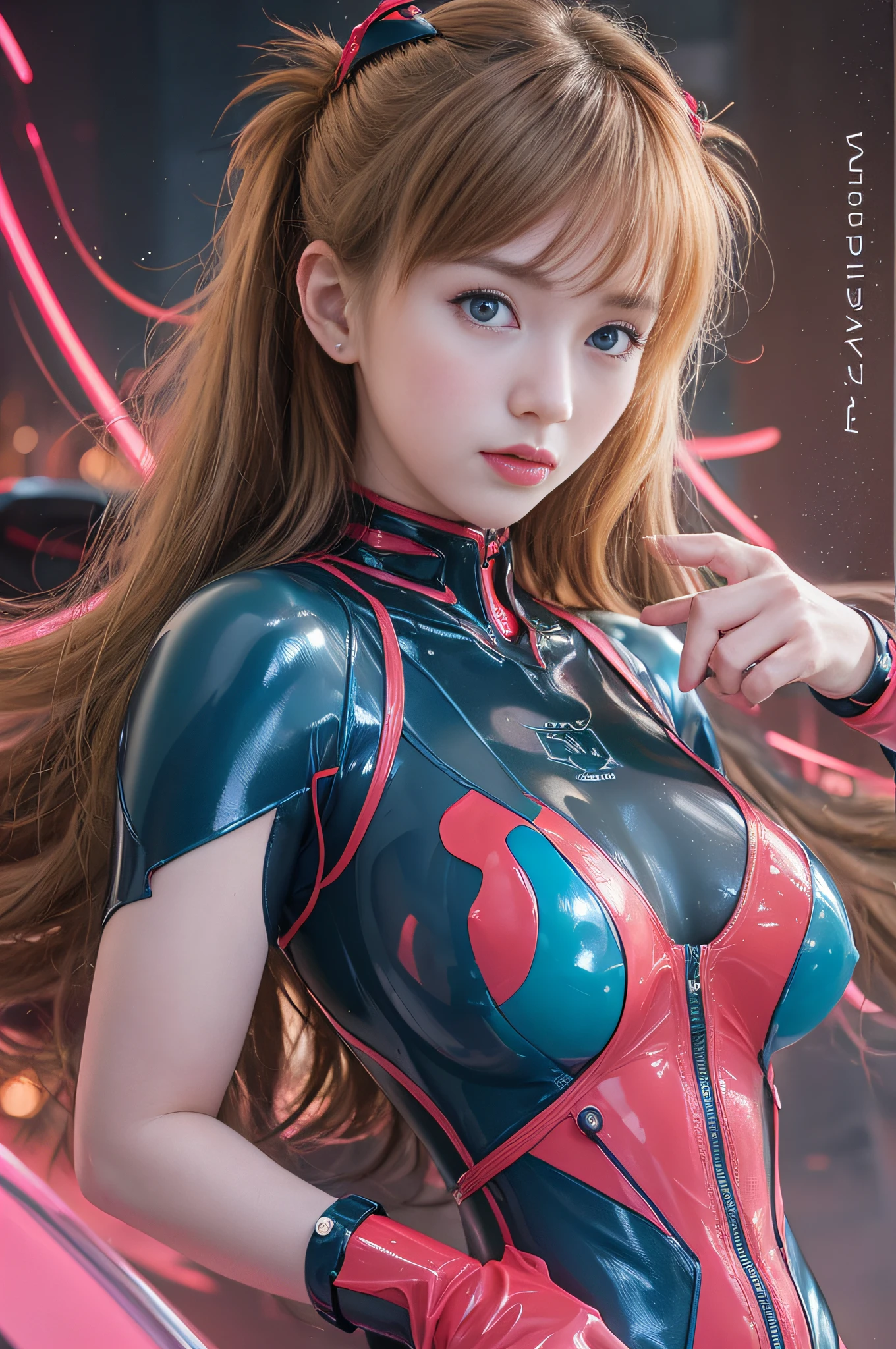 top-quality、​masterpiece、超A high resolution、(Photorealsitic:1.4)、Raw photography、(***1人)、glowy skin、Asuka Langley、((super realistic details))、portlate、globalillumination、Shadow、octan render、8K picture quality、ultrasharp、highly intricate detail、Realistic light、CGSoation Trends、Almond-shaped sky blue eyes、radiant eyes、Facing the camera、pink lipsticks、(huge tit)、cleavage of the breast、(Translucent ultra-thin latex Asuka plug suit:1.4)、(hard nipples erect:1.2)、(nipples pointing up:1.2)、neon details、sitting on、(Underbust visible)、(Mechanical collar)、(Mechanical bangles)、(Futuristic Hair Band)、Evangelion、Small LED lamp、Detailed CG image quality、Purple neon lighting、Green neon lighting