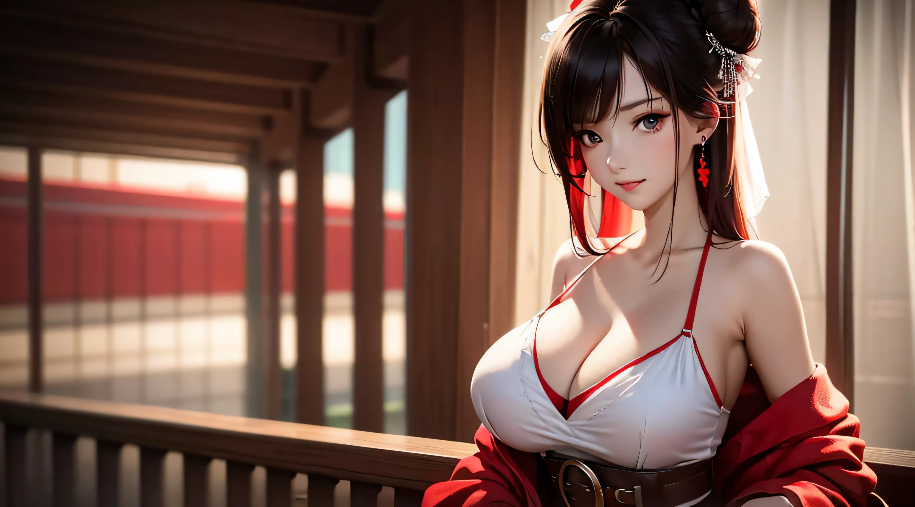 (best qualtiy:1.1),(tmasterpiece:1.2),sportrait,1girl,yuzuriha_(jigokuraku),Purple colored hair,with brown eye,ninjartist,Open clothes,cleavage,huge tit,hair-bun,Medium hair,Separate the breasts,White belt,pervert smirk, exteriors, (Be red in the face:1.1), florals, Pure_Innocent_girl, pureerosface_v1, (closeup of face), pov, (((depth of fields))), Pale and Lustrous Skin,