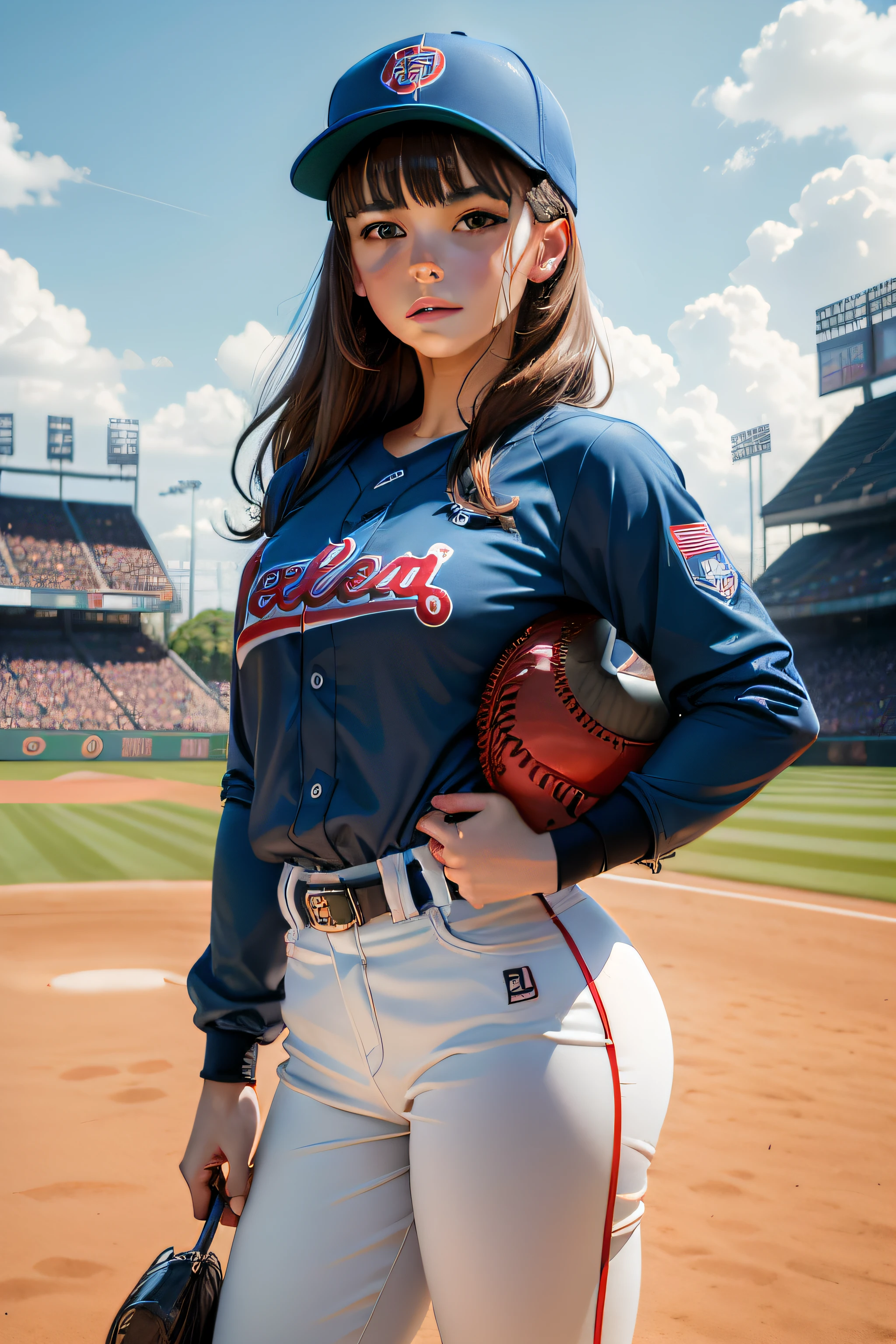 neocoill, masterpiece, best quality, 1girl, baseball uniform, solo, baseball gloves, baseball cap, hat, baseball, sky, sportswear, clouds, brunette hair, blue sky, sky, holding, shirt, bangs, medium hair, long sleeves, standing, holding ball, outdoors, looking at the audience, parted lips,room, mature female,