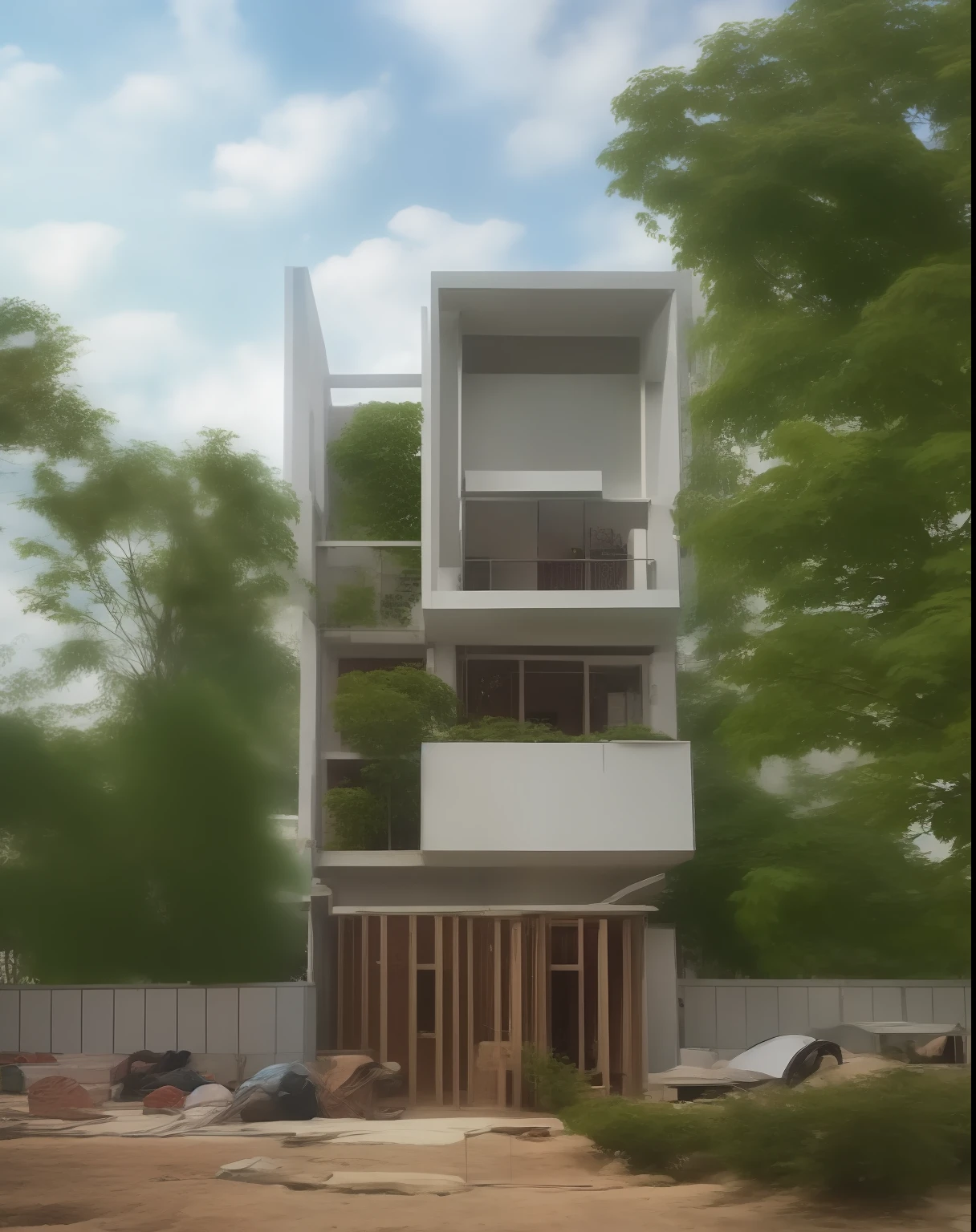 house under construction, brick and concrete wall, realistic builder, gradient,street, tree best quality, construction workers are working on a house under construction