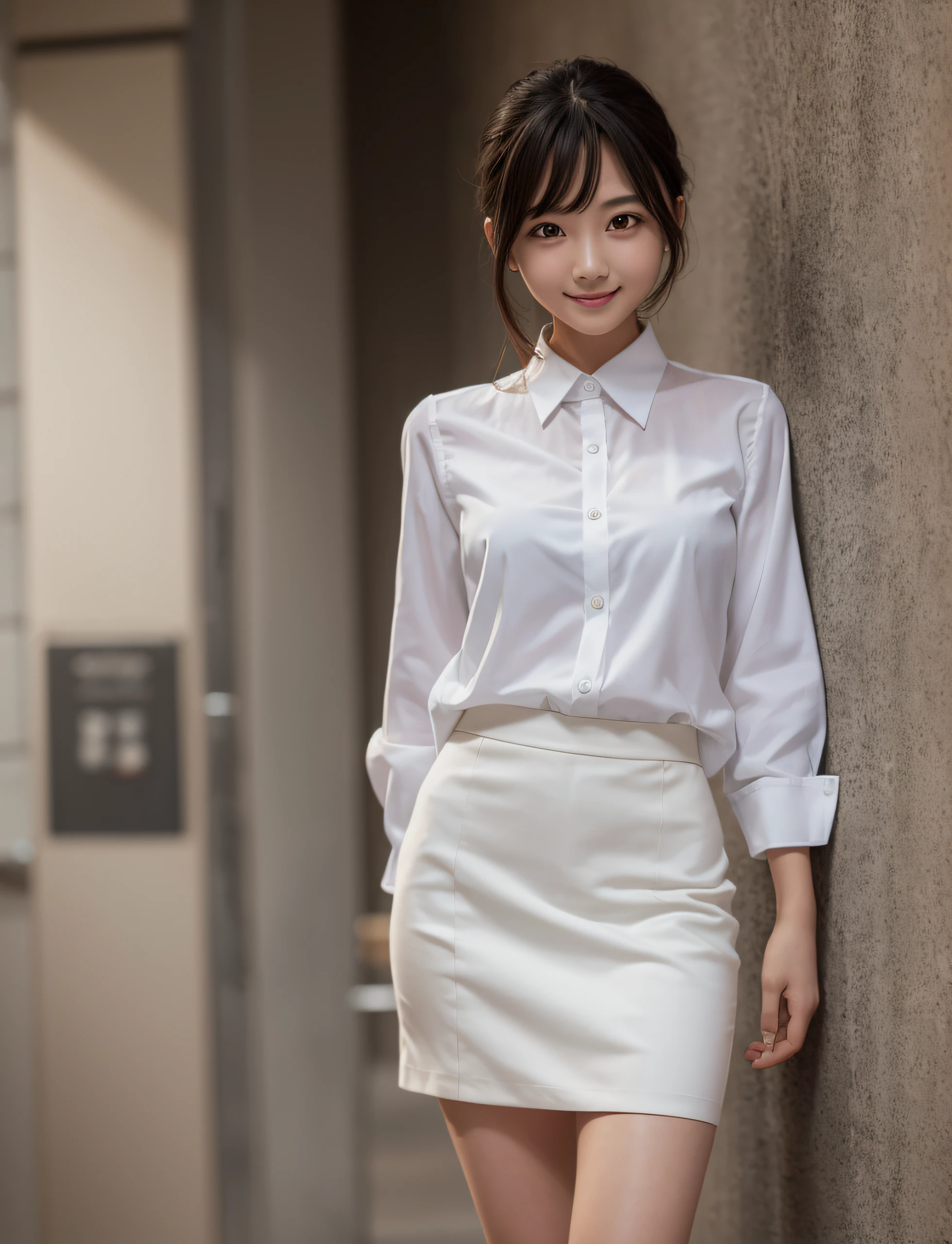 Girl taking photo in white dress shirt and skirt, arms behind back, full body, slim figure, smile, small bust, slim girl model, 24 year old female model,