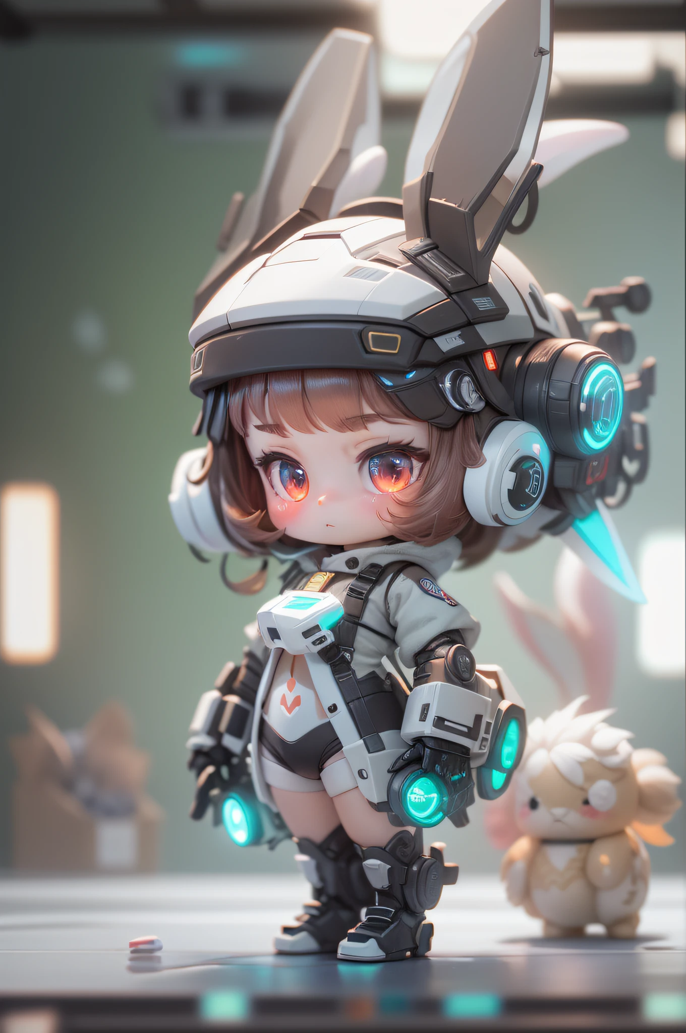 chinesedragon, (Blind box toy style:1.2), (Full body shot) , 1 Transparent cute girl,Behind him is a transparent and cute rabbit, Transparent mech, Exquisite helmet:1.2, Luminous goggles:1.2, Cyberpunk, dreamy glow, luminous neon lights, Clean, White background, ( Global illumination, Ray traching, hdr, unreal render,reasonable design, high detal, Masterpiece, Best quality, hyper HD, Cinematic lighting)