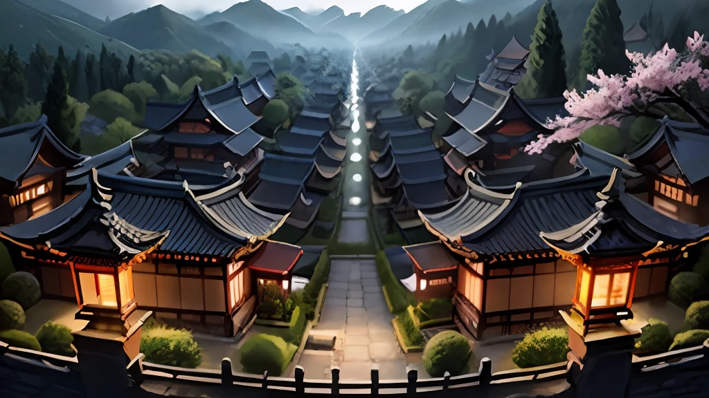 Profile picture must be best quality Chinese ink painting, master piece, ultra high resolution, (realistic: 1.4) 1 , Jade fire tree, blur, realistic, , Charming ancient Japanese village, stone streets colorful texture realistic, Beautiful green vegetation, cherry trees in bloom, softly falling cherry blossoms, illuminated house, natural light, Night, Stars, picture village area, perspective view from above the village