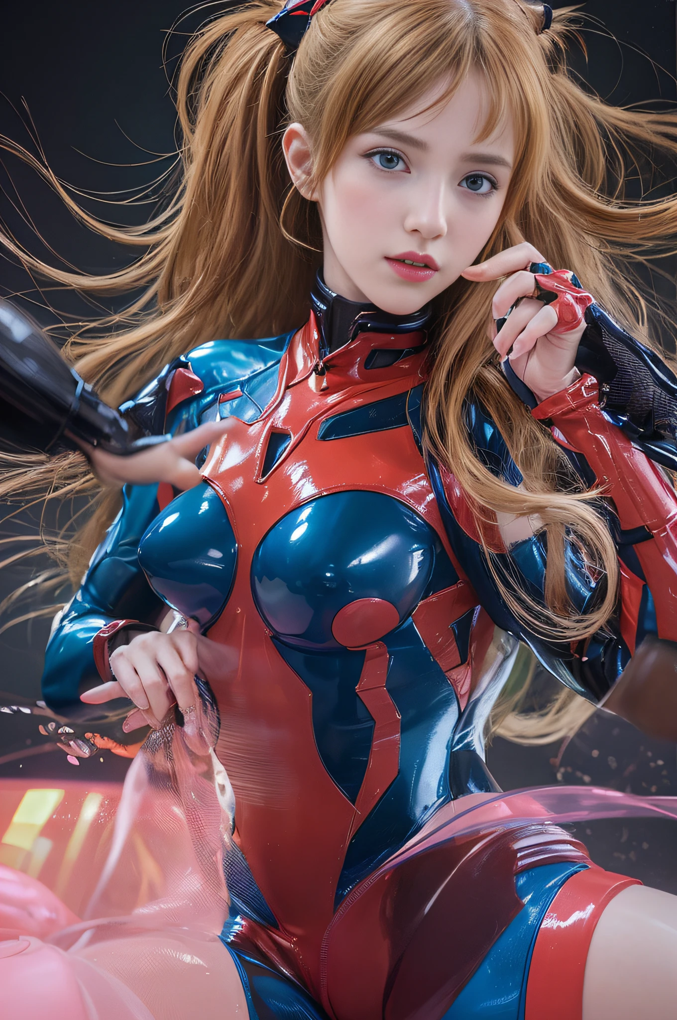 top-quality、masterpiece、超A high resolution、(Photorealsitic:1.4)、Raw photography、(1人)、glowy skin、Asuka Langley、((super realistic details))、portlate、globalillumination、Shadow、octan render、8K picture quality、ultrasharp、highly intricate detail、Realistic light、CGSoation Trends、Almond-shaped sky blue eyes、radiant eyes、Facing the camera、pink lipsticks、(huge tit)、cleavage of the breast、(Translucent ultra-thin latex Asuka plug suit:1.4)、(hard nipples erect:1.2)、(nipples pointing up:1.2)、neon details、sitting on、(Underbust visible)、(Mechanical collar)、(Mechanical bangles)、(Futuristic Hair Band)、Evangelion、Small LED lamp、Detailed CG image quality、Purple neon lighting、Green neon lighting