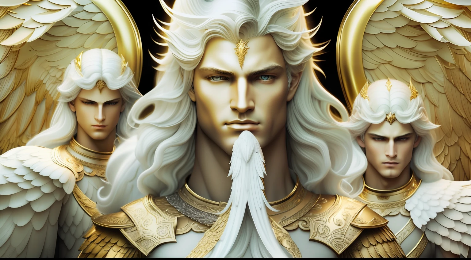 Close-up of 3 angels (Male), (three imposing male angels), with white hair and wings, with white heavenly armor and golden details, majestic angels with a full body, male halo, archangel, --v 6
