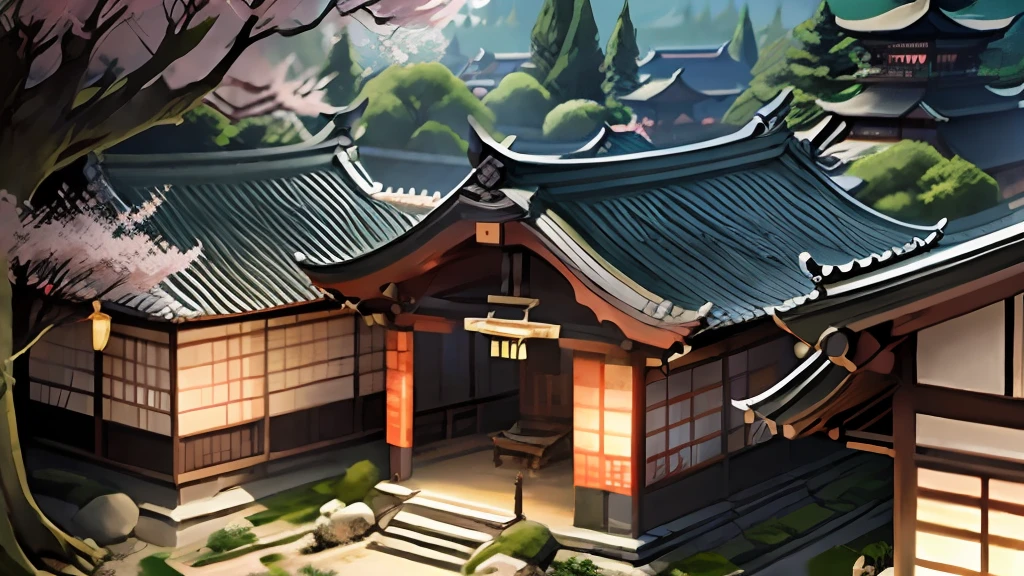 Profile picture must be best quality Chinese ink painting, master piece, ultra high resolution, (realistic: 1.4) 1 , Jade fire tree, blur, realistic, , Charming ancient Japanese village, stone streets colorful texture realistic, Beautiful green vegetation, cherry trees in bloom, softly falling cherry blossoms, illuminated house, natural light, Night, Stars, picture village area, perspective view from above the village