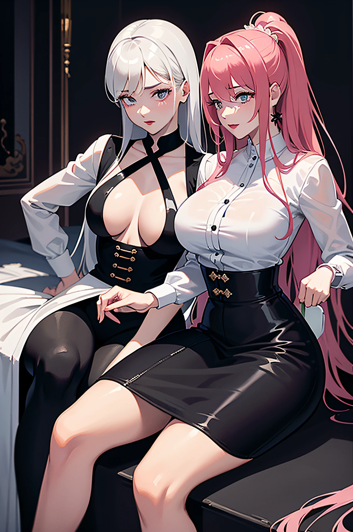 25 year old couple，Royal sister，Thin iron chains are wound，Clear white shirt black trousers，blacksilk，Lace，Patent leather erotic underwear，Be red in the face，perspire，Pink lips，The background is minimalist，8K masterpiece
