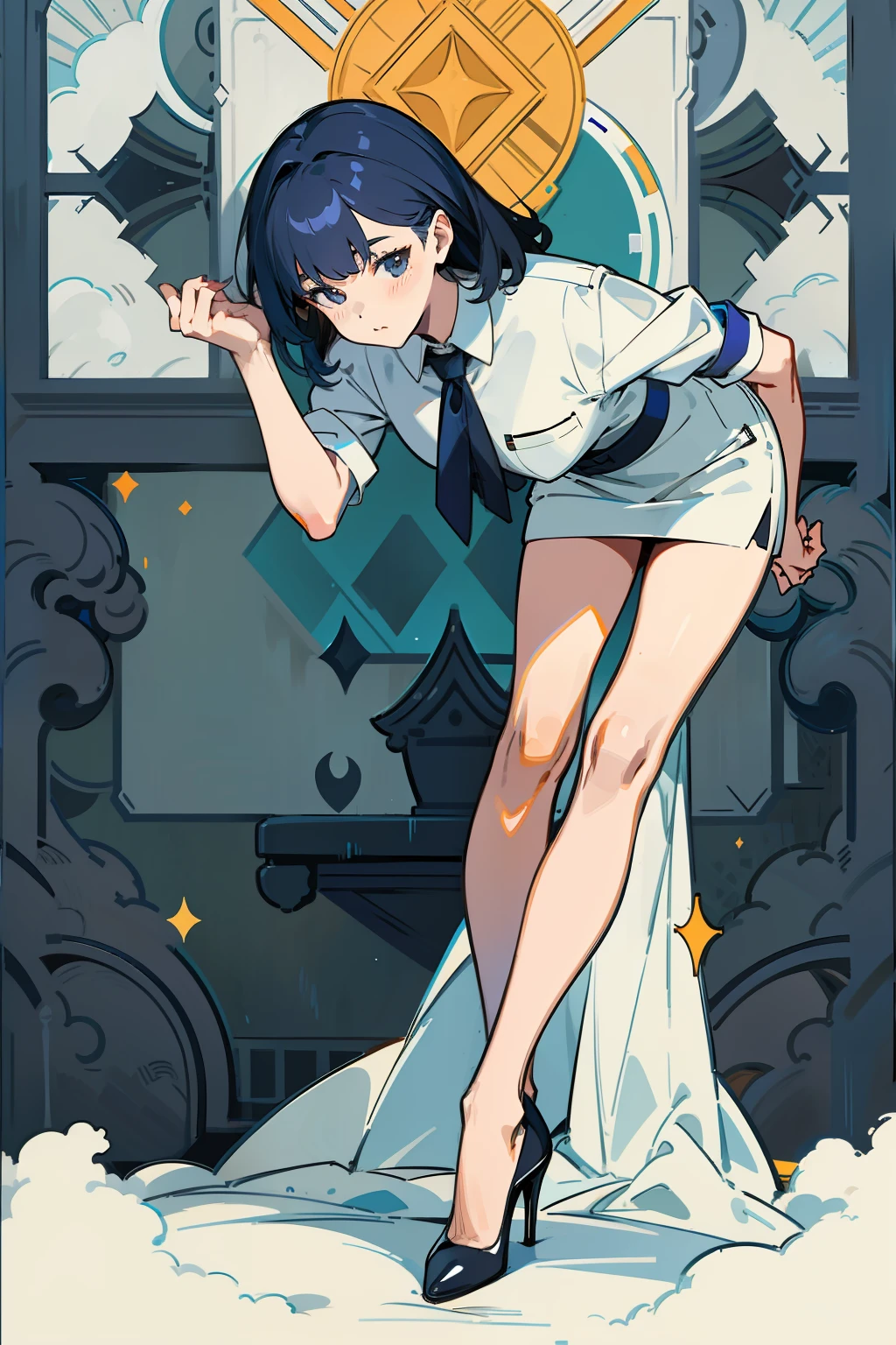 Women in the workplace come home from work and enter the house, leaning forward slightly with one hand on the wall, one foot back, the other hand reaching back, reaching back, and taking off the high heels