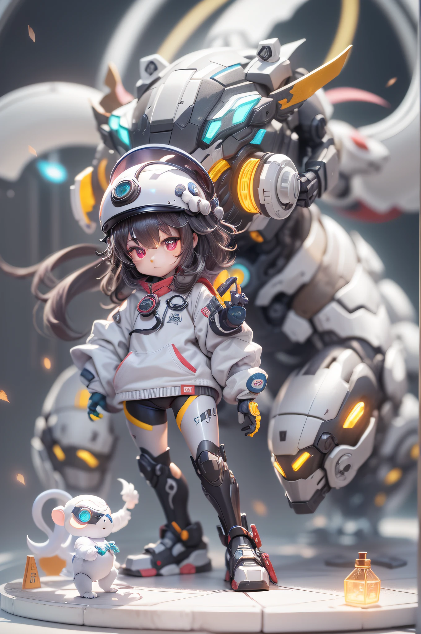 chinesedragon, (Blind box toy style:1.2), (Full body shot) , 1 Transparent cute girl,Behind him is a transparent and cute monkey, Transparent mech, Exquisite helmet:1.2, Luminous goggles:1.2, Cyberpunk, dreamy glow, luminous neon lights, Clean, White background, ( Global illumination, Ray traching, hdr, unreal render,reasonable design, high detal, Masterpiece, Best quality, hyper HD, Cinematic lighting)