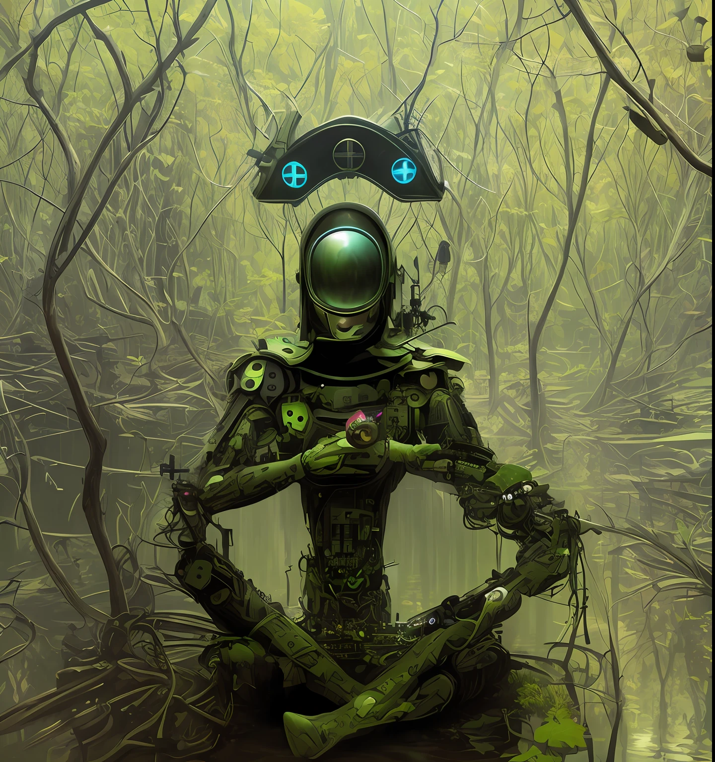 there is a man sitting in a swamp with a helmet on, a cyborg meditating, zen méditation cyberpunk, intricate transhuman, psychedelic organic cyborg, transhumanism, inspired by Igor Morski, inspired by tomasz alen kopera, cybernetic body, neosurrealism. digital art, mystical post apocalyptic cyborg, dmt ego death