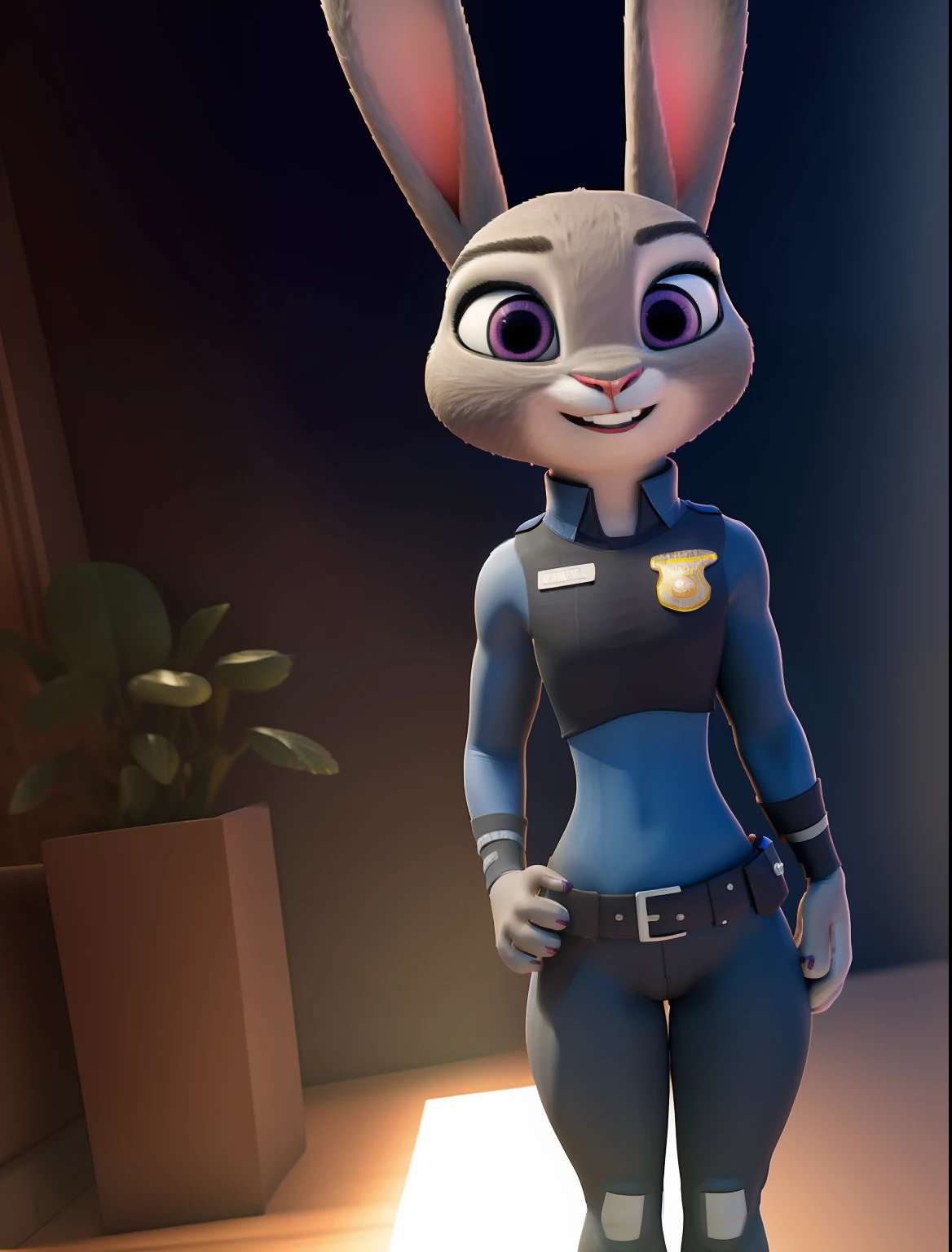 (uploaded on e621,8k, RAW photo,high resolution,high quality), ((masterpiece)), 3d, female, ((slim judy hopps)), (front view), (tail) (cinematic lighting), backlighting, (shaded), detailed background, photorealistic, hyperrealistic, thai police uniform, furry