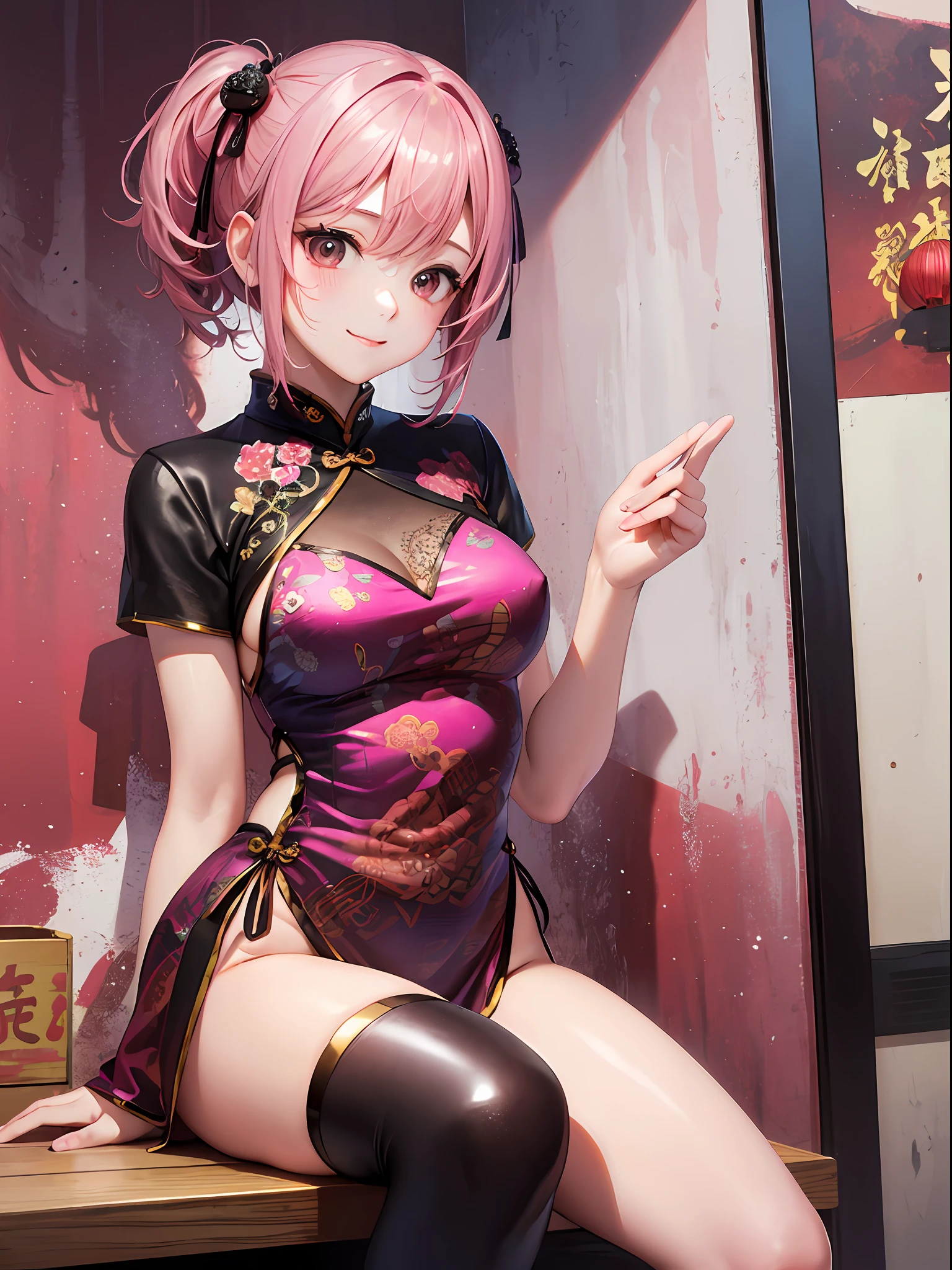 (top-quality: 1.3), (​masterpiece: 1.3), (Super Detail: 1.3), (wall-paper, one girls: 1.1), (Detailed hands and fingers:1.2)、(Detailed ultra-oily shiny skin:1.1)、([Wetty:0.8|MuCoi])、oily shiny thighhigh、(Perfect and beautiful pink cheongsam:1.2)、sexypose、Sit up、Pink hair、Shorthair、poneyTail、Beautiful sister、ssmile、(Chinatown:1.3)、fullllbody