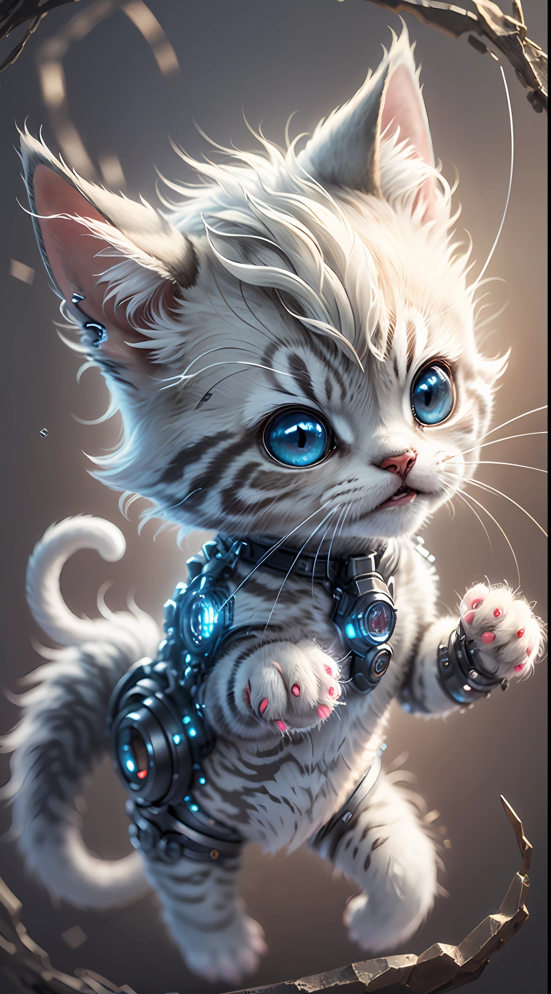 A cute metallic white fur kitten，(Cyborg:1.1)，([Tail|detailed wire]:1.3)，(complexdetails)，hdr，(complexdetails，ultra - detailed:1.2)，Cinema lenses，Halo shadow，at centre，White-haired kitten！！！，red colour，ssmile，Funny，crystal，brightly，shaggy，Floating in mid-air