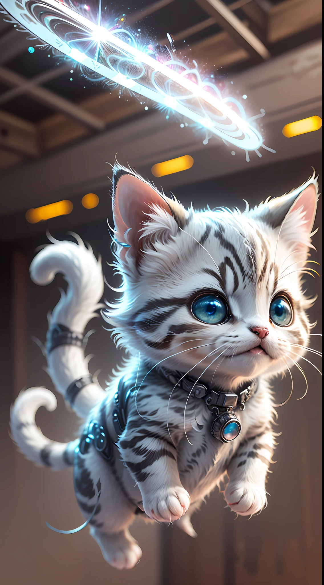 A cute metallic white fur kitten，(Cyborg:1.1)，([Tail|detailed wire]:1.3)，(complexdetails)，hdr，(complexdetails，ultra - detailed:1.2)，Cinema lenses，Halo shadow，at centre，White-haired kitten！！！，red colour，ssmile，Funny，crystal，brightly，shaggy，Floating in mid-air