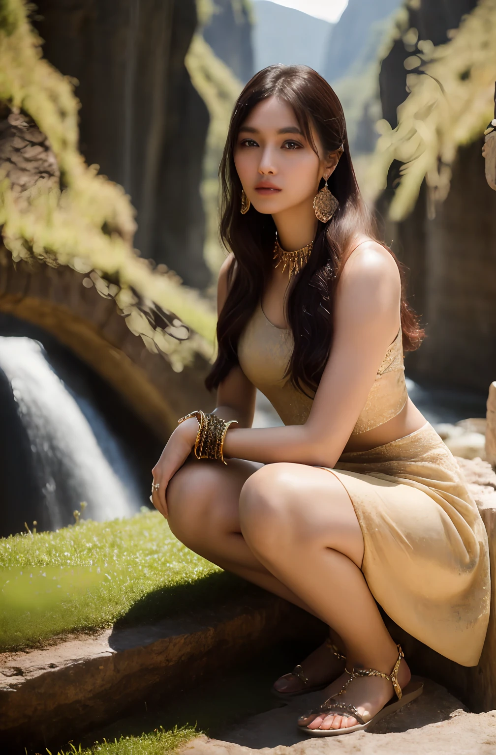 ((Realistic:1.5)),Ulzzang-6500:0.7,((Best quality)), ((Masterpiece)),((Detailed)),2girls,duo,{2 beautiful women}, (Upper body:1.3),Hug and touch each other, Tease your friend's waist, Breathless friends, Biting a friend's earlobe, crouched,super wide shot,Face focus, Long legs,Curvy, Barefoot,Wide hips, Thin legs, Oversized eyes,Long eyelashes, (Detailed face,beautidful eyes, detailedpupils,detailed clothes features, Clear background:1.3), (armlets, bangle:1.3), Mysterious ancient ruins, floresta exuberante, Deep canyon,bridge,River,cliff,Cloud,lakes,Rock music,Waterfalls, Flowers, Grass,grape trees,tree,bright detail,Sharp,Perfect compounding, Intricate, Sharp focus, Dramatic,