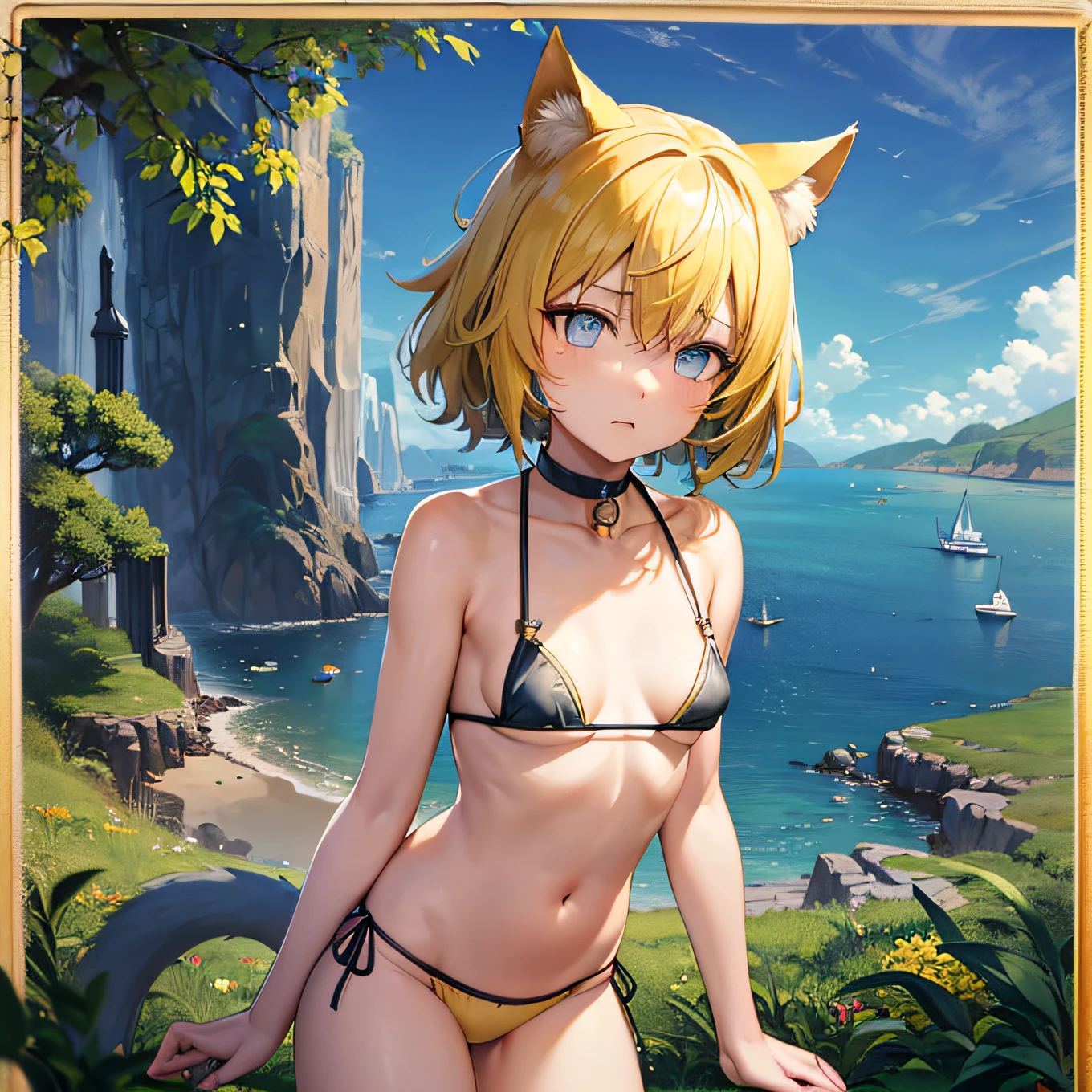 Movie angle、depth of fields、(Look at viewers)、(Right foreground:1)、(Standing photo:1)、)、 Cat Ears Girl, (独奏),(Yellow head hair),(de pele branca:1), (Curvaceous:1.2), (wide hips:1.1), Cat-eared girl, (Beautiful coastal background)、(Coast background:1.4)、(Coast background:1.4)、(bare shoulders、Yellow Micro Bikini)、(Yellow T-back panties:1.2)、sharp claws、Detailed corners、Green Choker、 (poneyTail、hairs between eyes)、(Yellow hair)、Blue eyes)、(flat breast:1.2)、 deadpan、Stunned、sleepy、 wakame、wakame、wakame、wakame、wakame、wakame、wakame、