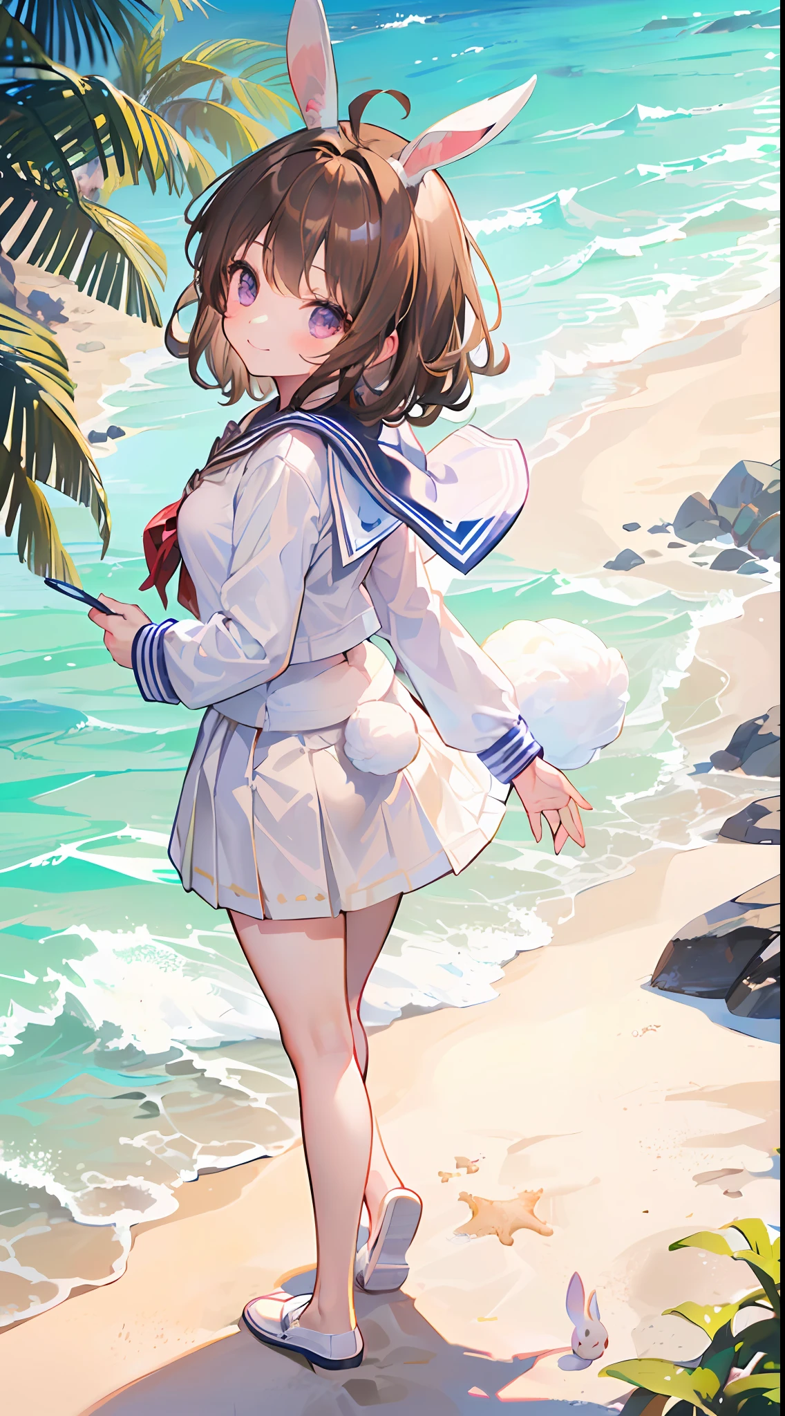 (A slight smil:1.4), Cute, (1 girl:1.1), Solo, (light brown hair:1.3), Medium Hair, Wavy Hair, Purple eyes, Ahoge, (Rabbit ears:1.6), Princess Cut, (White sailor suit:1.6), (Chibi:1.4), (Walking along the sandy beach:1.4), (bare-legged:1.6), Big buttocks, (Brown skirt:1.6),Lower the school bag in your left hand