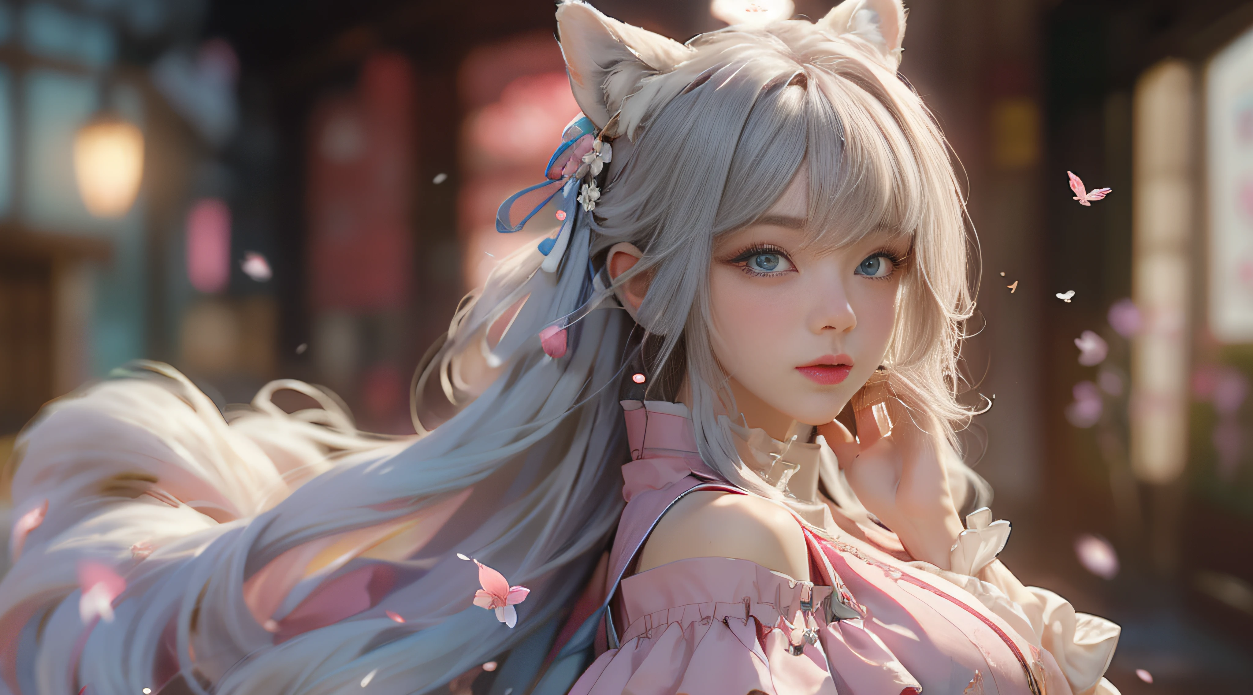 ((best qualtiy)), ((tmasterpiece)), (detail:1.4), Beautiful cyberpunk female images,hdr(HighDynamicRange),Ray traching,NVIDIA RTX,Hyper-Resolution,illusory 5,sub surface scattering,PBR textures,post-proces,Anisotropy Filtering,depth of fields,maximum definition and sharpness,Many-Layer Textures,Albedo e mapas Speculares,Surface coloring,Mitsu-Accurate simulation of material interactions,perfectly proportioned,rendering by octane,Two-colored light,largeaperture,Low ISO,White balance,Rule three points、8K raw data、Beautiful bright blue pupils,off-the-shoulder clothes,Fine pupils,Delicate face and eyes,long eyelasher,Blushlush,Delicate and fluffy hair,pink lip,Pure,Cute face,Sweet girl,Artistic sense,Casual wear,Advancedsense,butterflys,Cherry blossom petal,Beautiful hair accessories,Long hair and waist,Hair fluttering in the wind,Snow-white fox ears,curlies,Snow-white fluffy tail,Positive light,The light from the back window is backlighted
