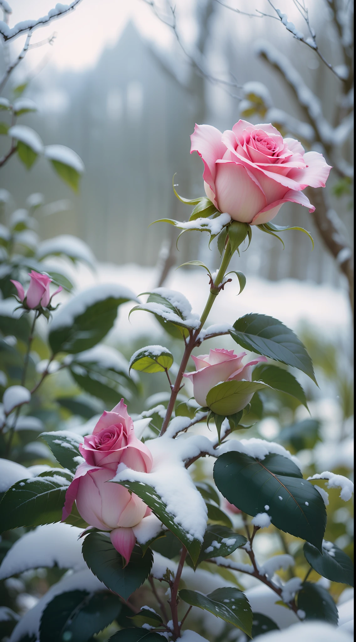 There is a pink rose growing in the bushes, The leaves and petals are covered with dust and snow,shot with a canon 35mm lens, photo of a rose, taken with a pentax k1000, taken with a pentax1000, Two 5 mm ports, taken with kodak portra, rose twining, Pink rose, 35mm shot
