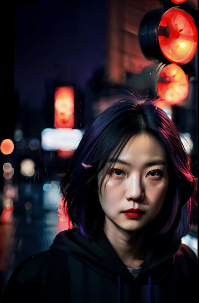 a 30-years old Chinese girl, night, dark street, outdoor, ((pedestrian crossing)),  ((red traffic light)),listening to music, lonely, rainy, medium shot, movie colors, film texture, gloomy face, beautiful wide eyes, 

masterpiece, best quality, hoodie , expressionless eyes, annoyed, female, medium hair, purple hair, loafers,