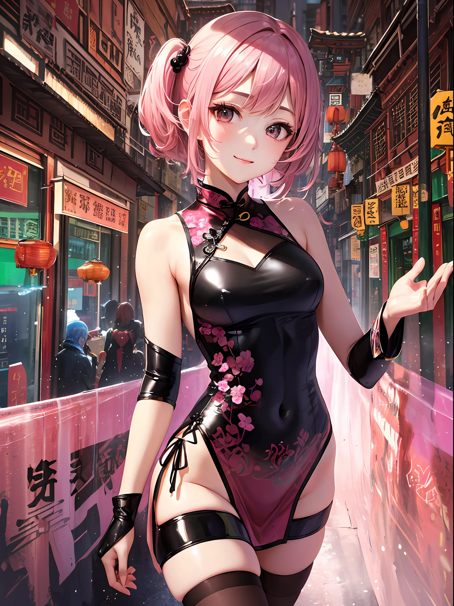 (top-quality: 1.3), (​masterpiece: 1.3), (Super Detail: 1.3), (wall-paper, one girls: 1.1), (Detailed hands and fingers:1.2)、(Detailed ultra-oily shiny skin:1.1)、([Wetty:0.8|MuCoi])、oily shiny thighhigh、(Perfect and beautiful pink cheongsam:1.2)、sexypose、is standing、Pink hair、Shorthair、poneyTail、Beautiful sister、ssmile、(Chinatown:1.3)、fullllbody