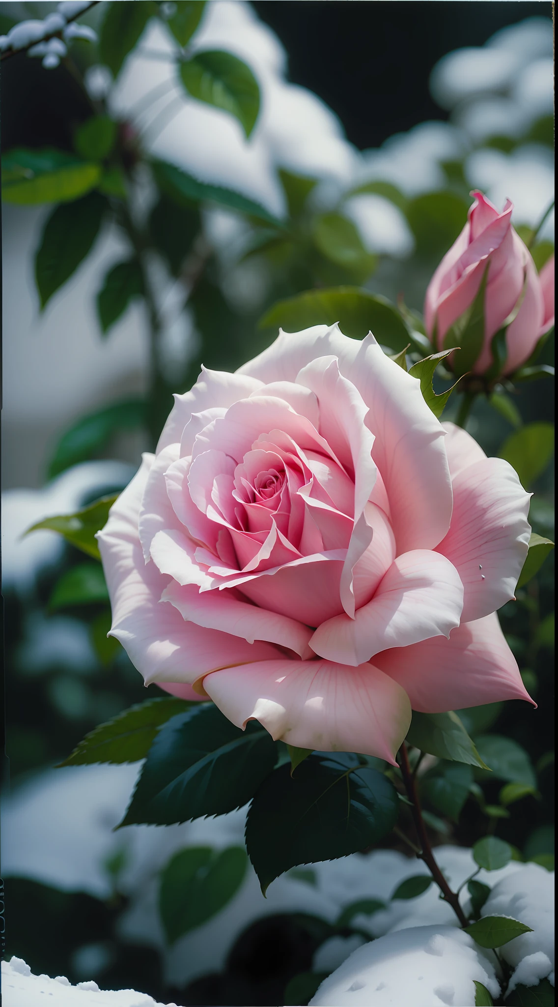 There is a pink rose growing in the bushes, The leaves and petals are covered with dust and snow,shot with a canon 35mm lens, photo of a rose, taken with a pentax k1000, taken with a pentax1000, Two 5 mm ports, taken with kodak portra, rose twining, Pink rose, 35mm shot