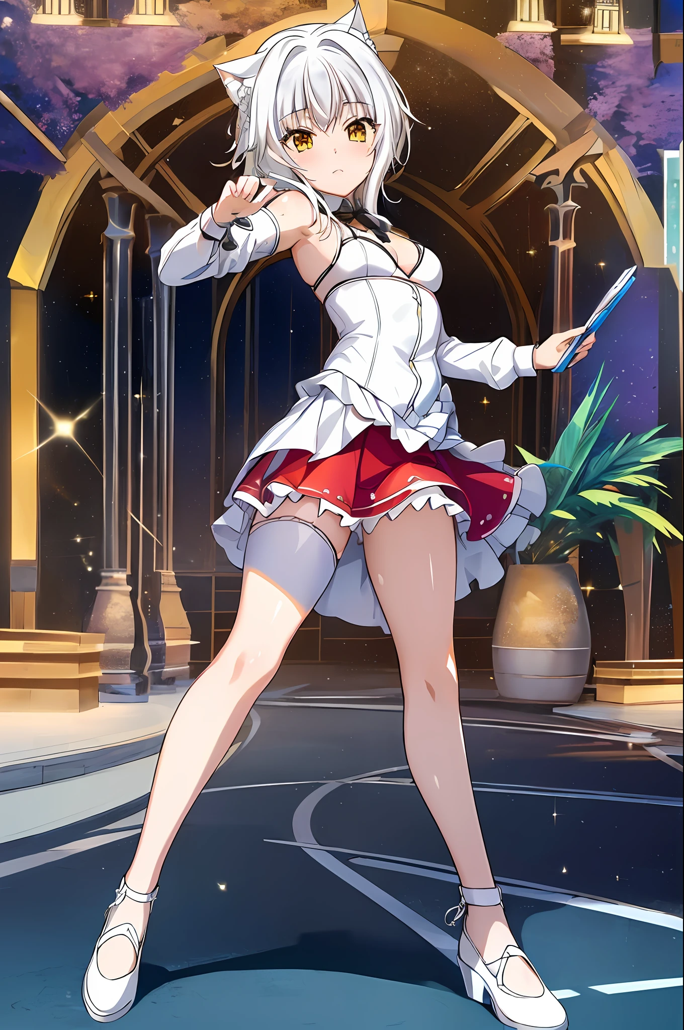 Koneko Immer (DXD), Kizi, White hair, kurzes Haar,  Klares Bild:1, (Korrekte Anatomie:1.2), (best quality:1.2), Beste Ausleuchtung, (Bester Schatten:1.1), hight resolution, (raytracing:1), Reflektiertes Licht, (Kleidung mit hohem Detaillierungsgrad:1.3), ((Illustration:1.1)), ((Meisterwerk)), (((best quality))), ((beautiful detailed eyes)), (extrem detailliertes CG Unity 8k Wallpaper:1), ((Ultra-detailliert:1)), bunt, Tapete, (Perfektes Artwork:1), (Beautiful face:1), Reines Gesicht, Detaillierter Hintergrund, (Detaillierte Zeiger, five finger), beautiful facial features, gelbe Augen, bikini in weiss, am strand, doggy Position