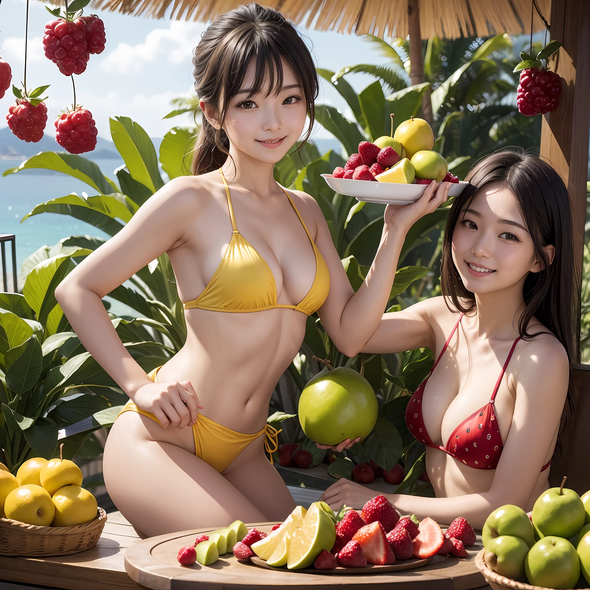 ​masterpiece、top-quality、realisitic、Photorealsitic、Fruit-themed paradise、Japan woman in fruit  swimsuit、Teen、eating fruit、Surrounded by a lot of fruits、Fruit Tower、Bright décor、A smile、Joy、dynamic ungle、动态照明
