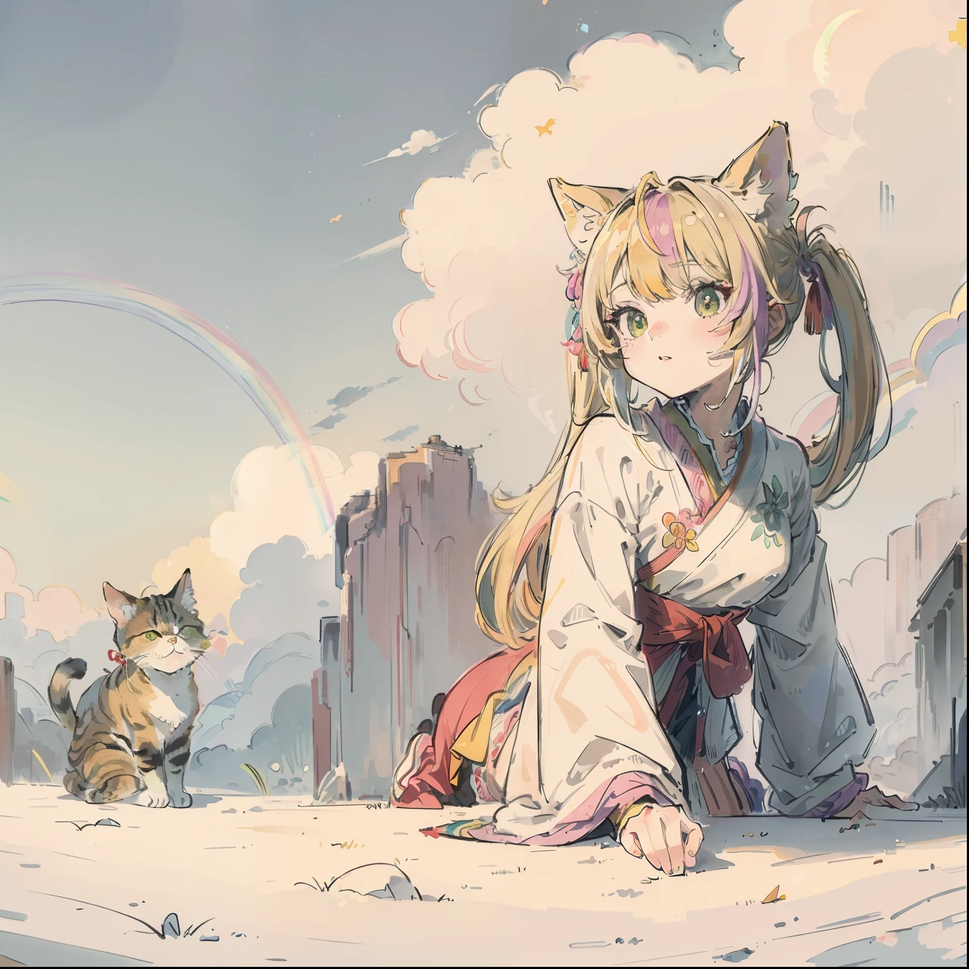 (Best quality1.2、masutepiece)、A stunning、Take a cute cat、kawaii、a blond(rainbow-colored hair)、(Twin-tailed)
