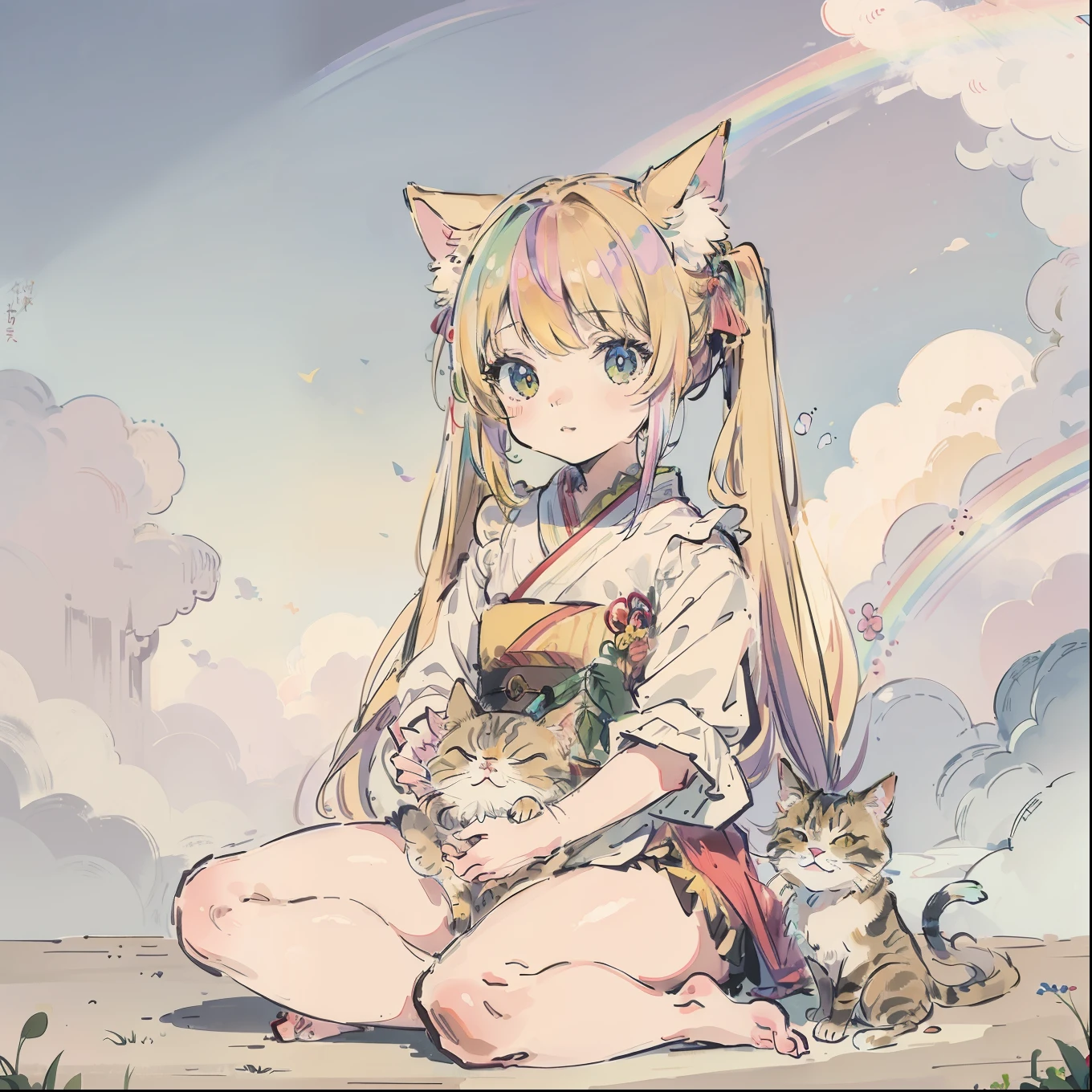 (Best quality1.2、masutepiece)、A stunning、Take a cute cat、kawaii、a blond(rainbow-colored hair)、(Twin-tailed)