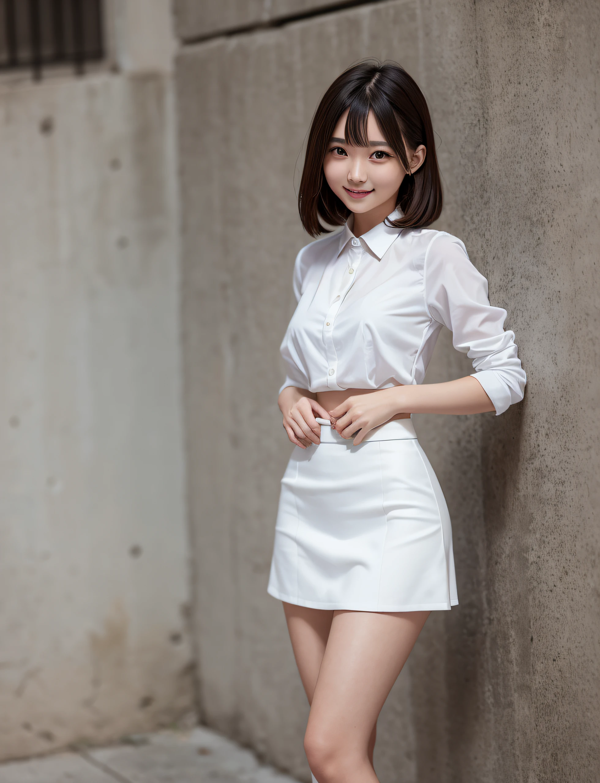Girl taking photo in white dress shirt and skirt, arms behind back, full body, slim figure, smile, small bust, slim girl model, 24 year old female model,
