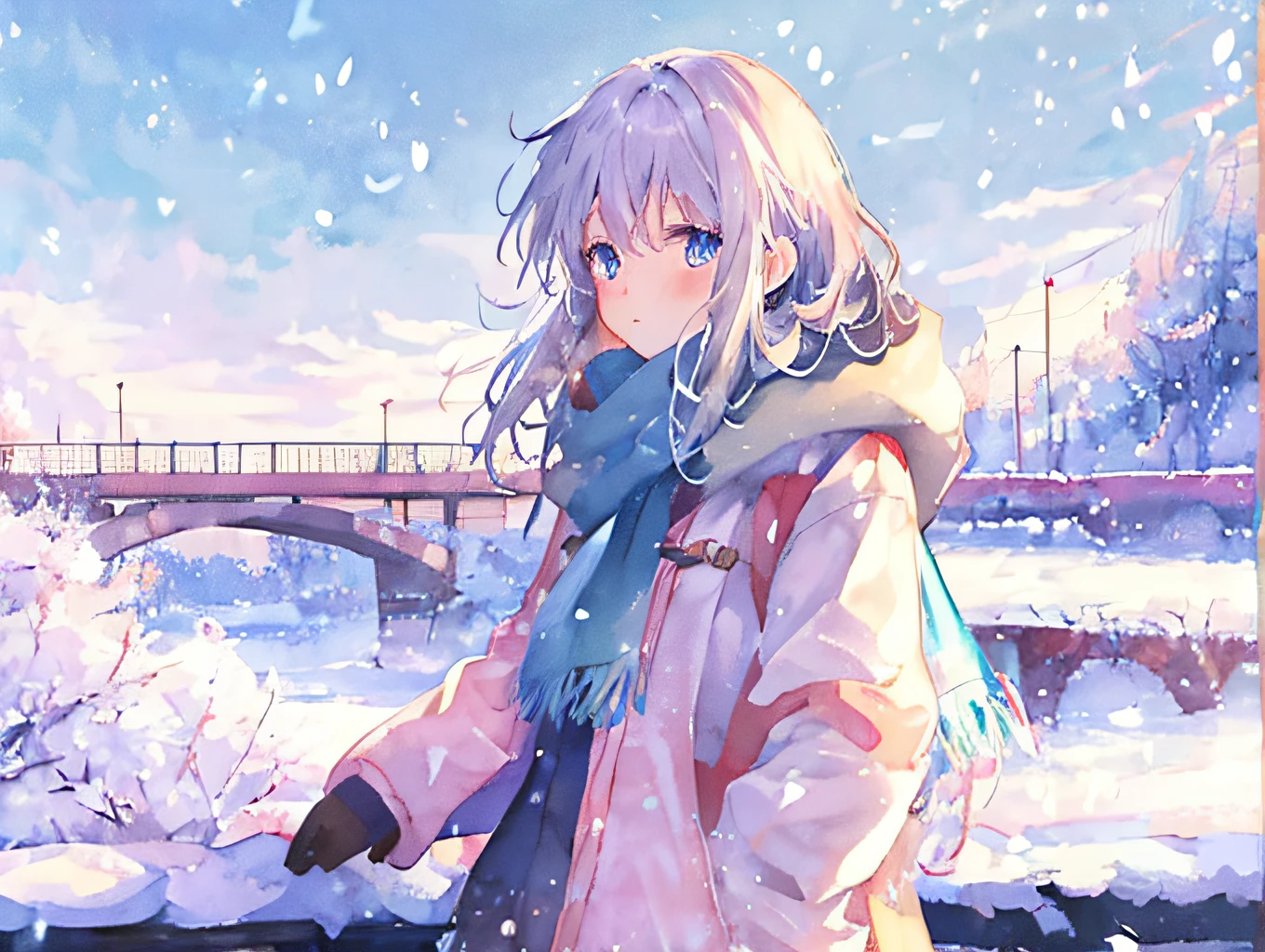 anime-style girl, bridge, snowy landscape, warm coat and scarf, visible breath, soft, watercolor-like anime style, 8k, top-quality, whites and blues, snowy day