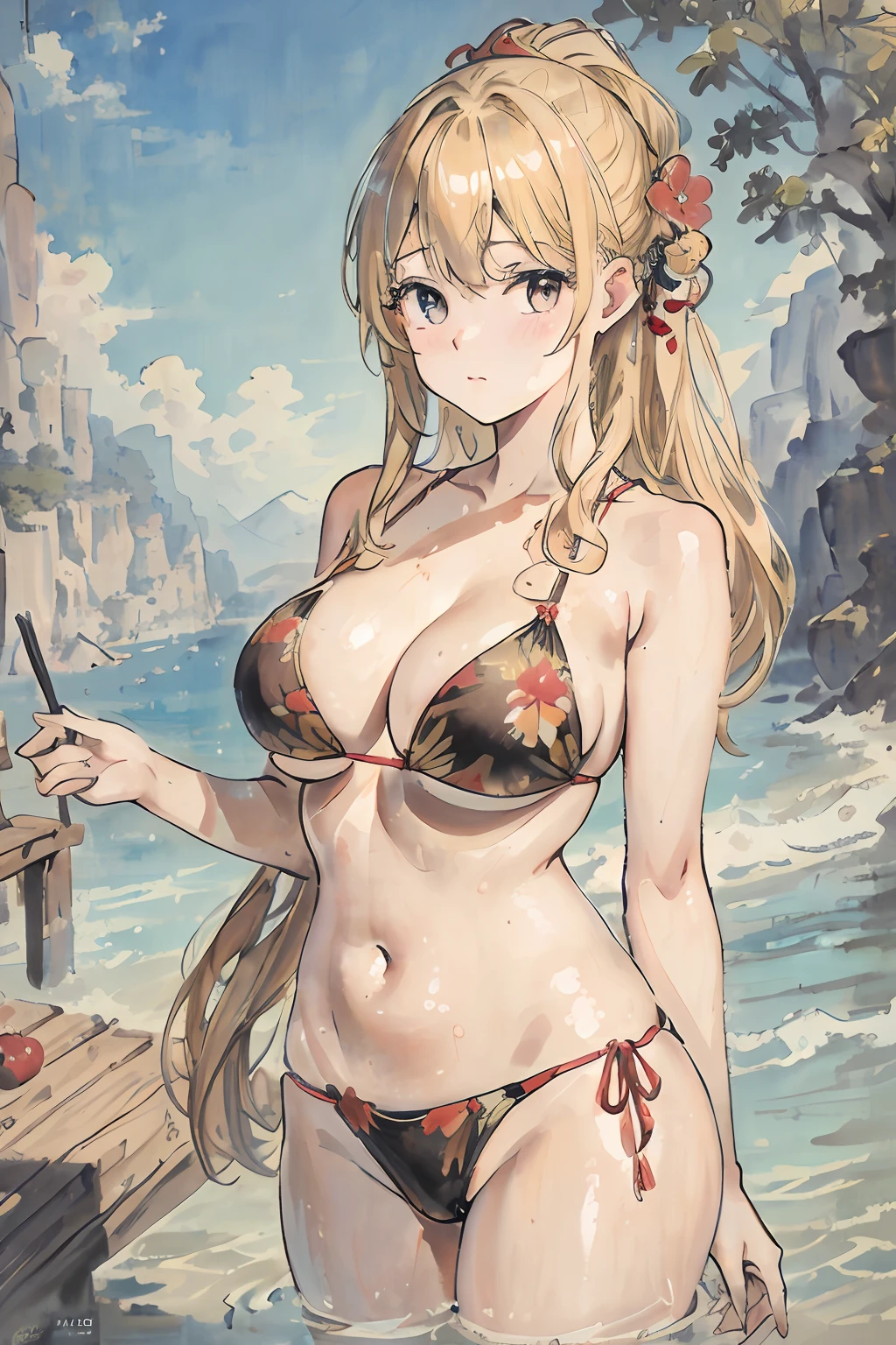 "tmasterpiece,Extremely high quality CG still life,Extremely fine detail,Ultra-realistic oil painting effect,Blonde Beautiful Girl,very high res,1个Giant Breast Girl,Wear swimwear,It seems to be real in front of the audience,Oil painting on canvas"
