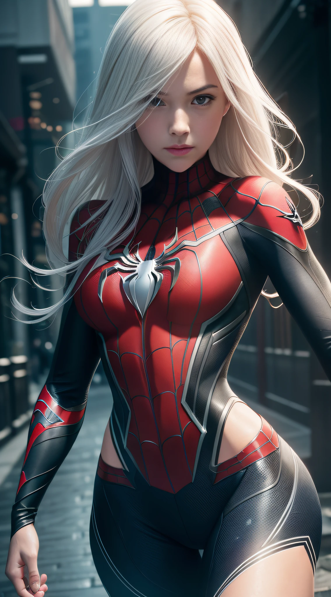 (8k,RAW photos,best qualtiy,tmasterpiece:1.2),hyper-detailing,Formal art,photorealisti:1.37,Female Spider-Man Gwen,Walk ahead of Venom,Spider-Man hood in hand,The corners of the mouth are raised,Detailed expressions,Natural breasts,Slim waistline,slender leg,Depth of field 2.0,The background is blurred out,detailed hairs,The sheen,Water wet,perfect hand,Exquisite and perfect facial features,Gloss on lips,long eyelasher,extremely higly detailed,
