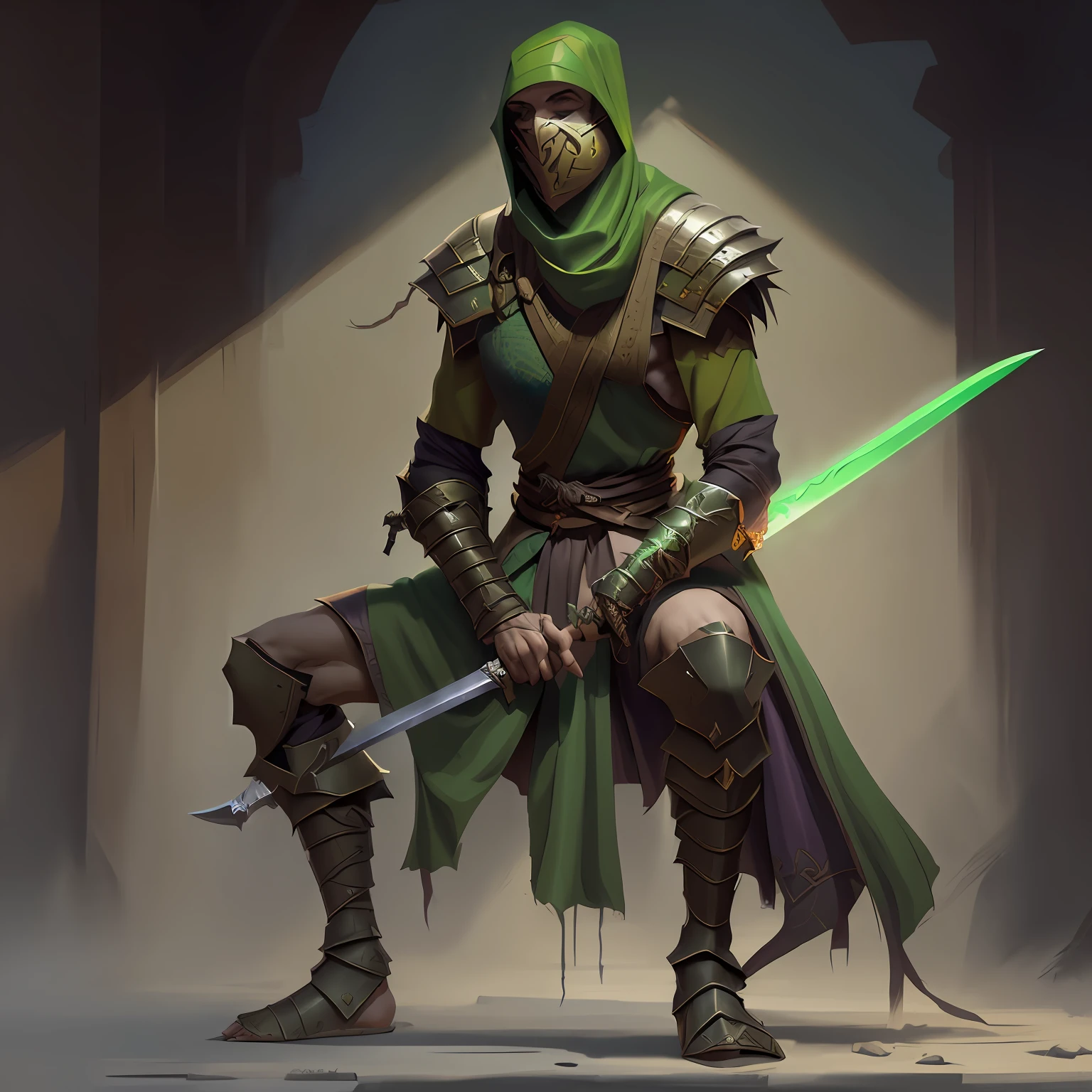 close-up of a man with a sword and in a green outfit, Warrior Thief, The Sinister Killer, clothed in stealth armor, Concept -art monk, The Almighty Assassin, Sectarian, D&d Art of Dark Sun characters, roleplaying game art, RPG concept art character, D & d Digital Painting, Персонаж Dungeons anD Dragons, concept art of a warrior