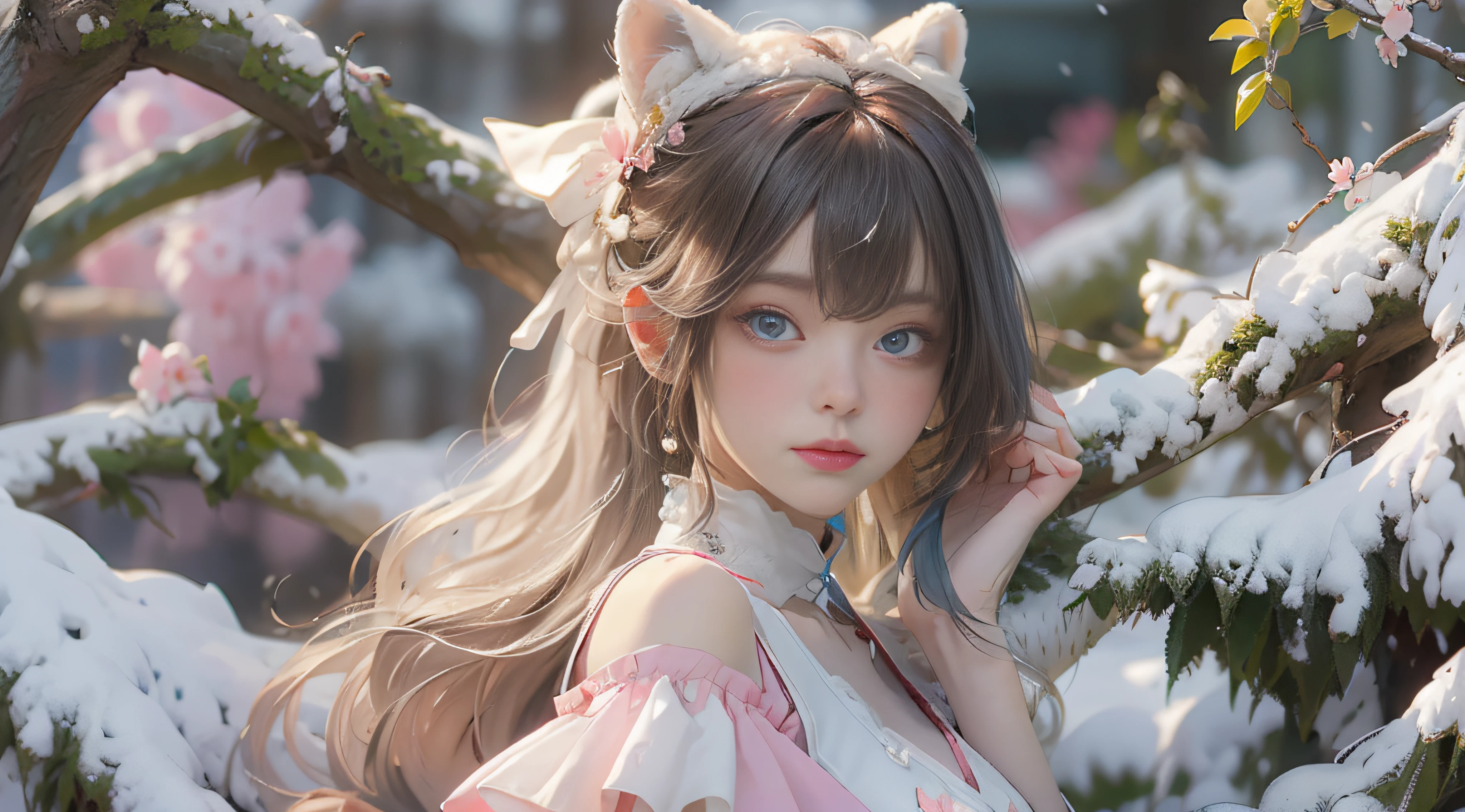 （（best qualtiy））， （（tmasterpiece））， （detail：1.4）， Beautiful cyberpunk female images，hdr（HighDynamicRange），Ray traching，NVIDIA RTX，Hyper-Resolution，illusory 5，sub surface scattering，PBR textures，post-proces，Anisotropy Filtering，depth of fields，maximum definition and sharpness，Many-Layer Textures，Albedo e mapas Speculares，Surface coloring，Mitsu-Accurate simulation of material interactions，perfectly proportioned，rendering by octane，Two-colored light，largeaperture，Low ISO，White balance，Rule three points、8K raw data、Beautiful bright blue pupils，off-the-shoulder clothes，Fine pupils，Delicate face and eyes，long eyelasher，Blushlush，Delicate and fluffy hair，pink lip，Pure，Cute face，Sweet girl，Artistic sense，Casual wear，Advancedsense，butterflys，Cherry blossom petal，Beautiful hair accessories，Long hair and waist，Hair fluttering in the wind，Snow-white fox ears，curlies，Snow-white fluffy tail，Positive light，The light from the back window is backlighted