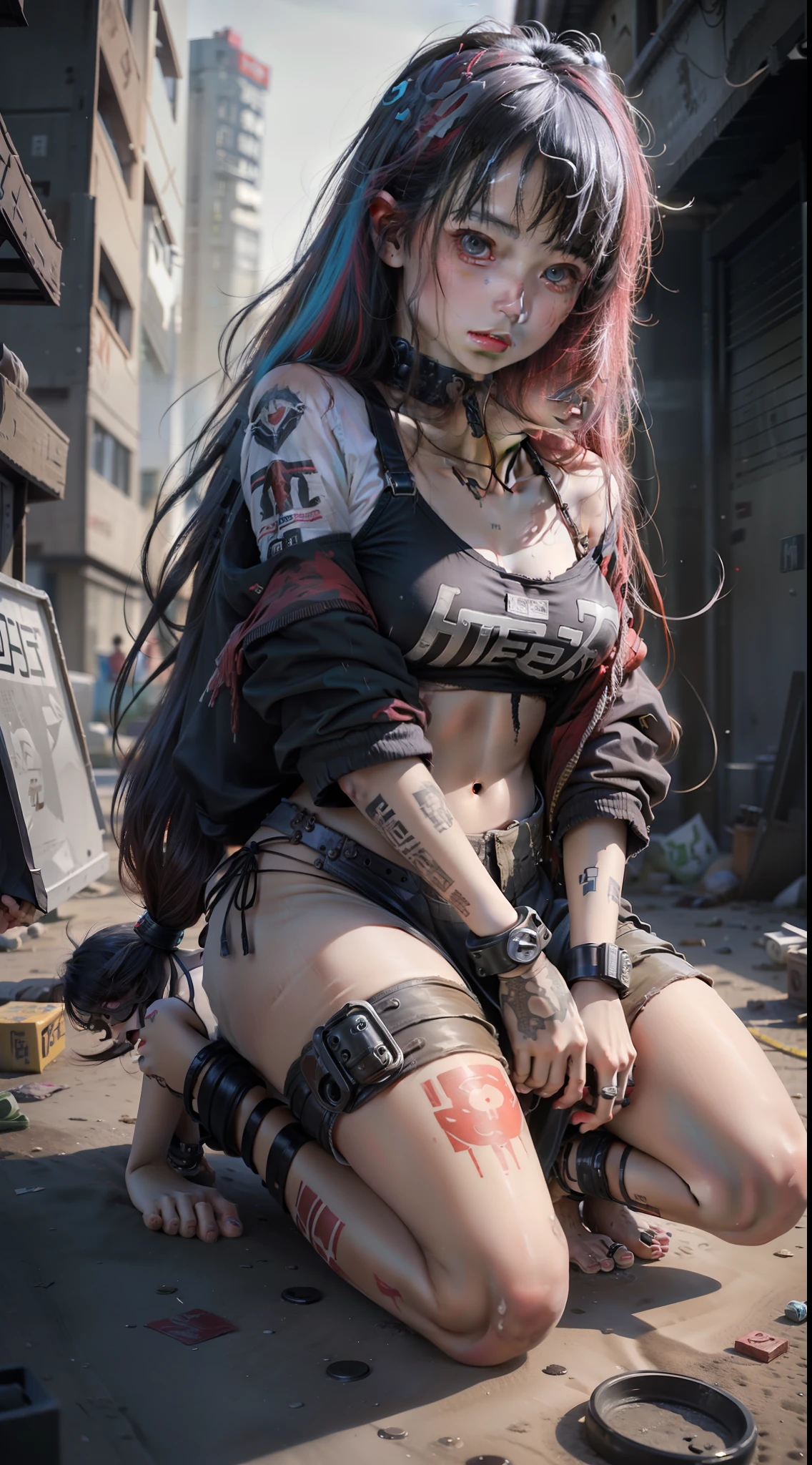 Cyberpunk realism, beautiful cute young girl, colorful long hair, tattoo all over,Full body piercing。 Barefoot, bleeding, ragged clothes, torn clothes, garbage dump, dirty, heavily shackled, kneeling on the ground with heavy handcuffs, dusty face, covered in blood