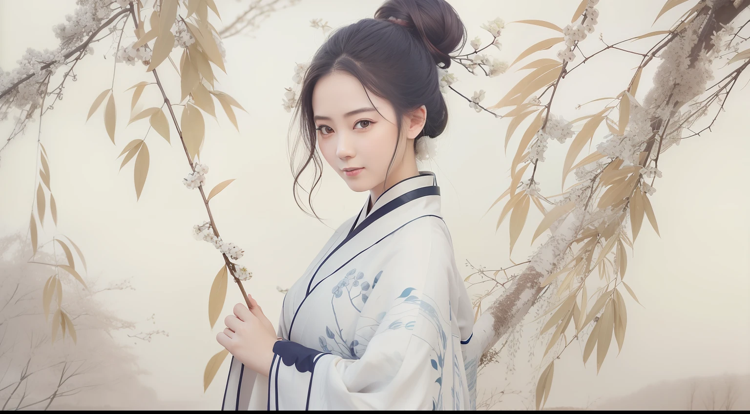 shukezouma, negative space, shuimobysim, portrait of a woman standing , willow branches, (masterpiece, best quality:1.2), traditional chinese ink painting, modelshoot style, peaceful, (smile), looking at viewer, wearing long hanfu, hanfu, song, willow tree in background, wuchangshuo,