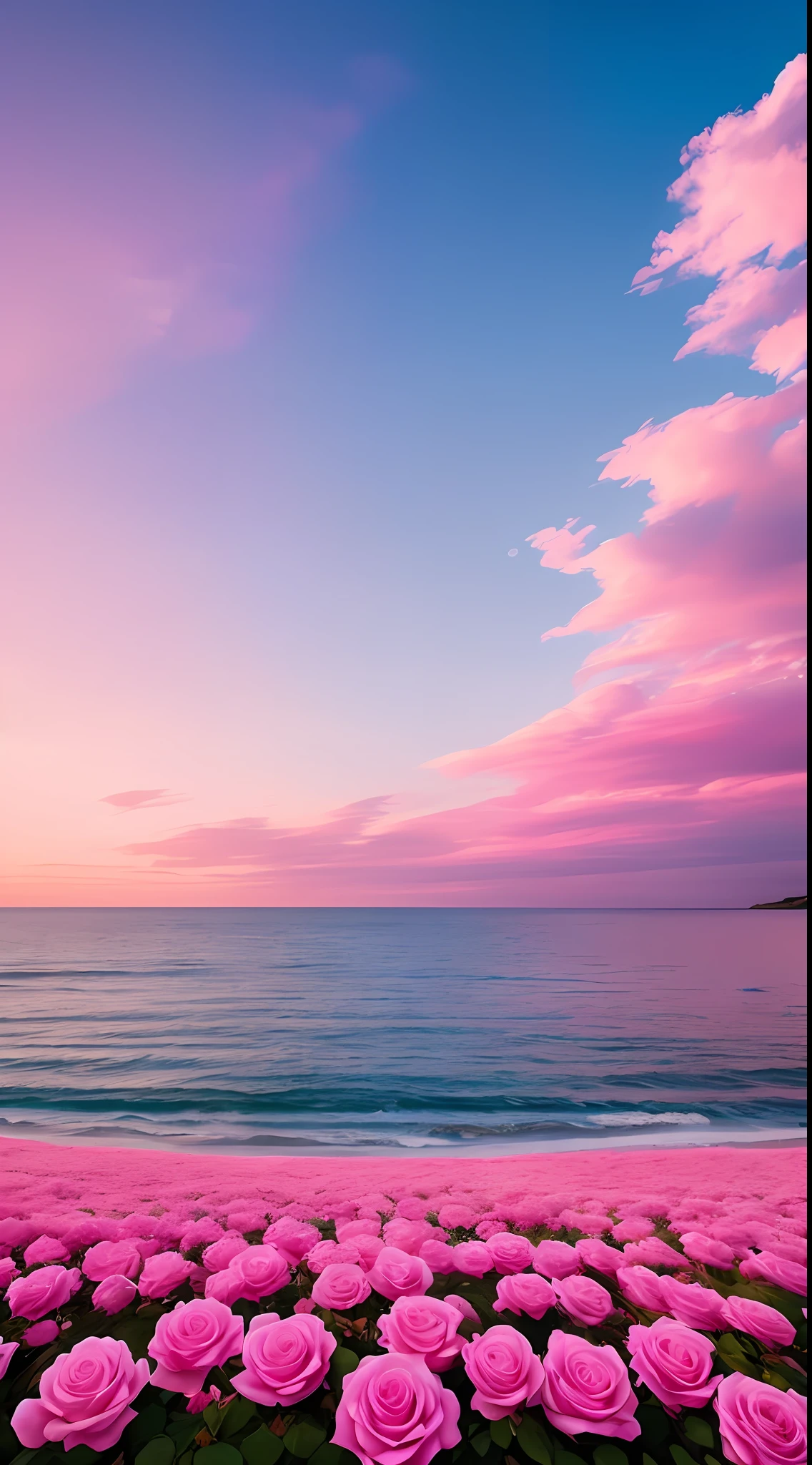 Pink sky, soft pink clouds, pink waves sparkling, sparkling, pink roses on pink sea, fantasy, diamonds, crowns, universe, soft lights,